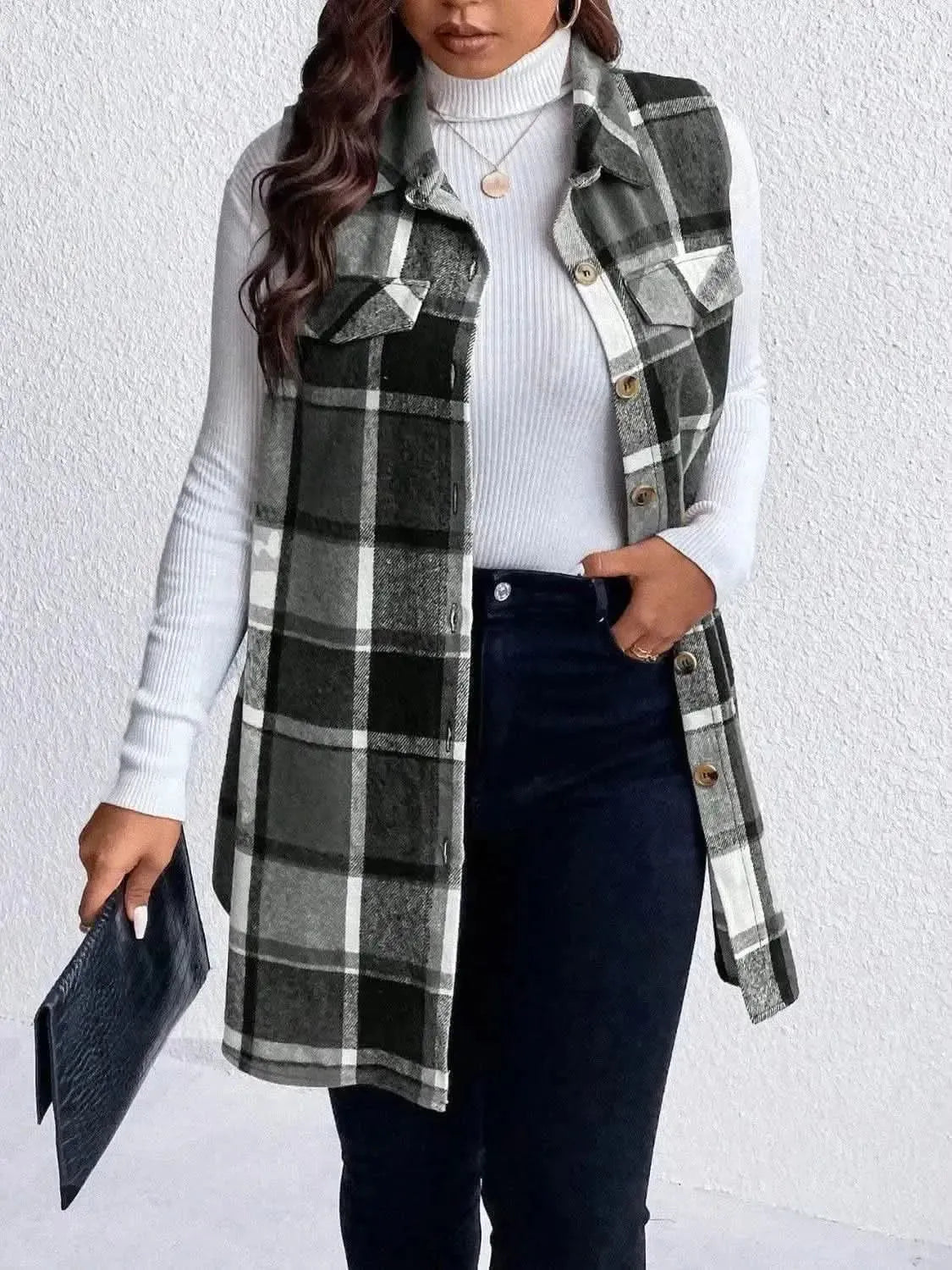 Honey Plus Size Pocketed Plaid Button Up Vest Coat - Bad Moms Club