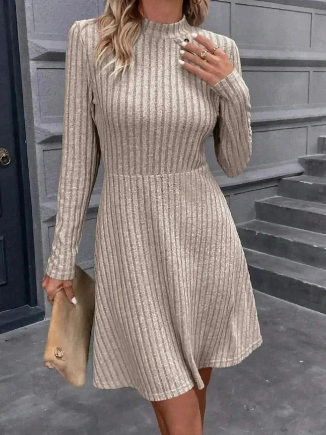 Decorative Button Mock Neck Long Sleeve Sweater Dress - Bad Moms Club