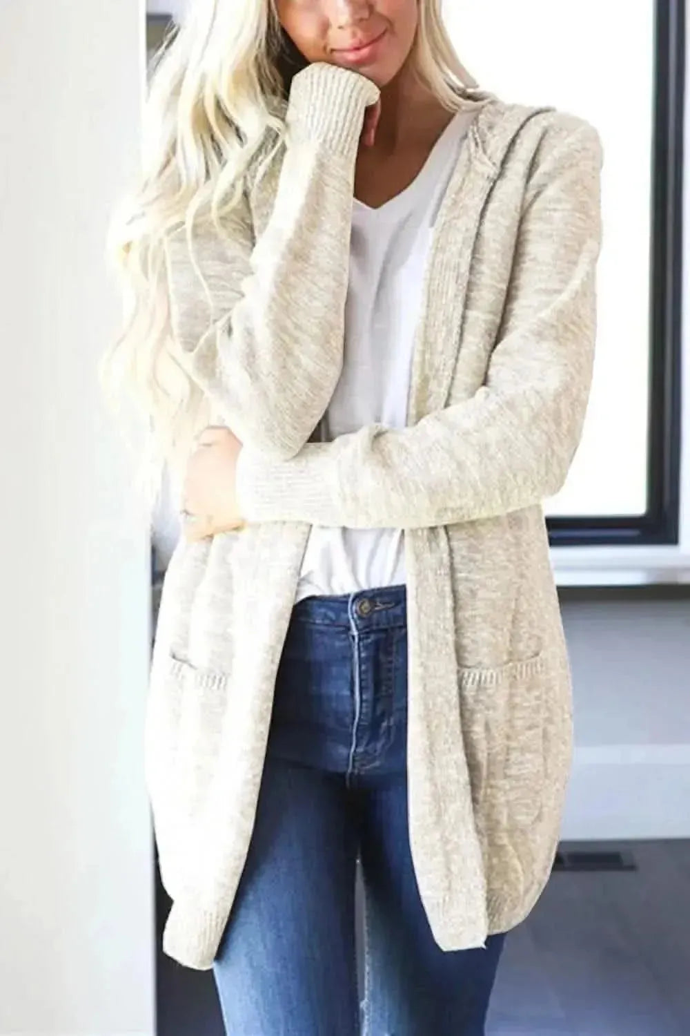 Heathered Open Front Cardigan with Pockets - Bad Moms Club