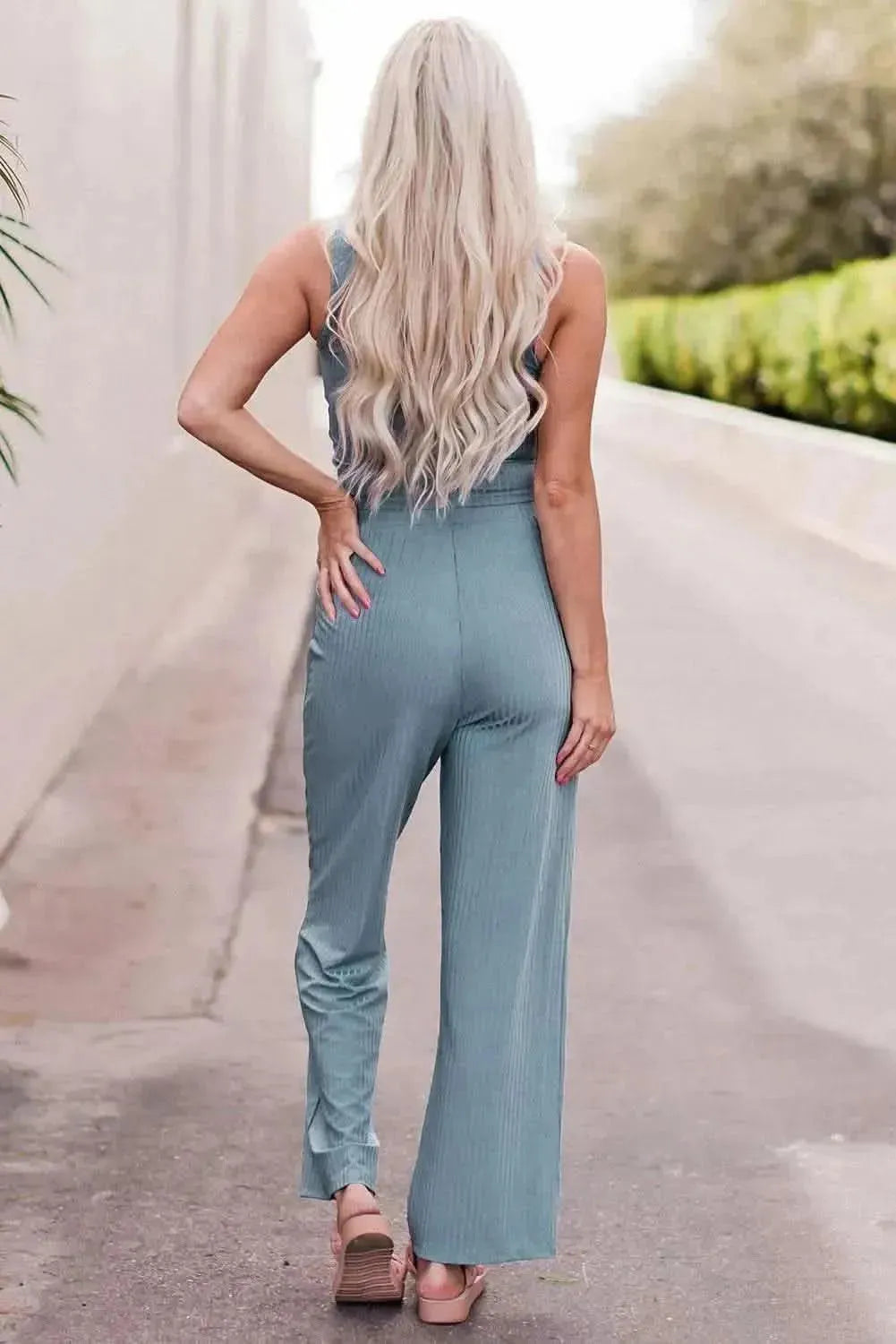 Notched Neck Tank Top and Tie Waist Wide Leg Long Pants Lounge Set - Bad Moms Club