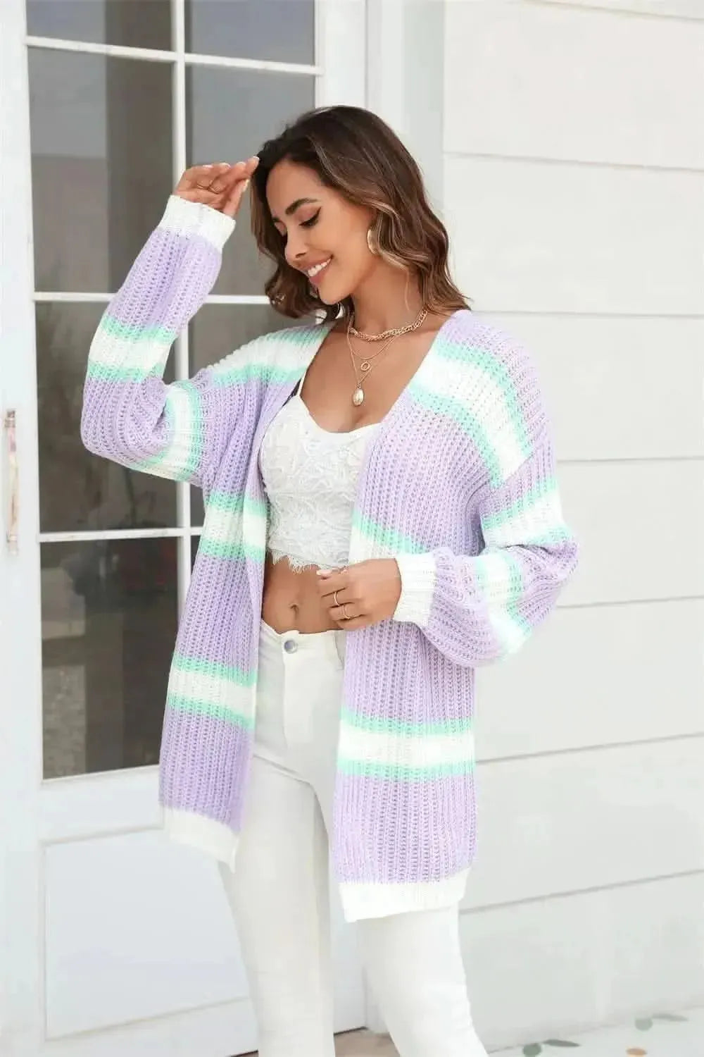 Color Block Ribbed Dropped Shoulder Open Front Cardigan - Bad Moms Club