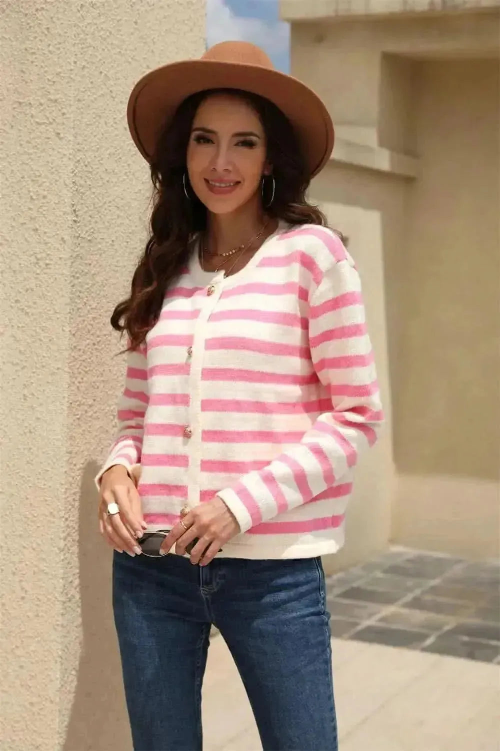 Striped Round Neck Button-Down Dropped Shoulder Cardigan - Bad Moms Club