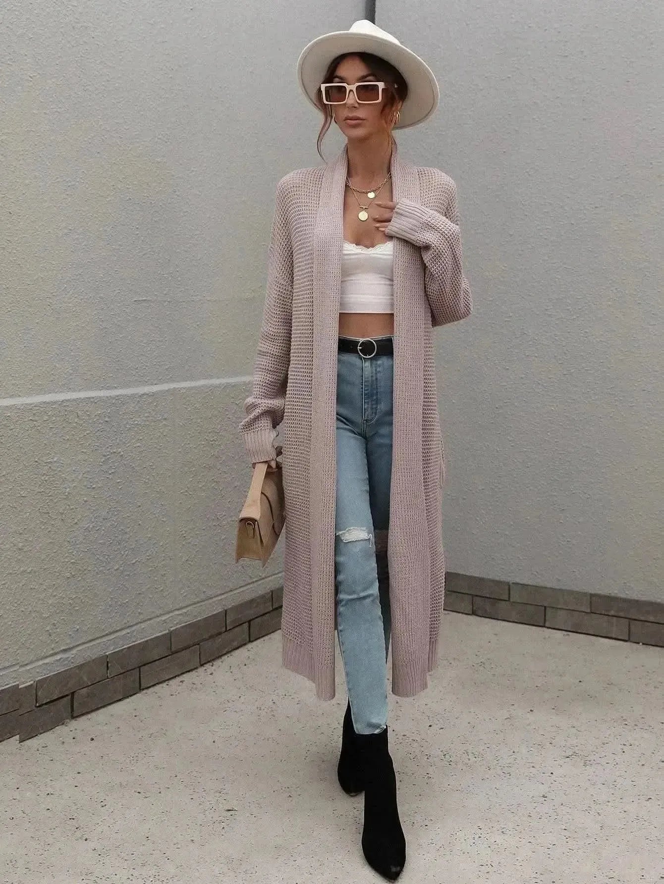 Waffle Knit Open Front Duster Cardigan With Pockets - Bad Moms Club