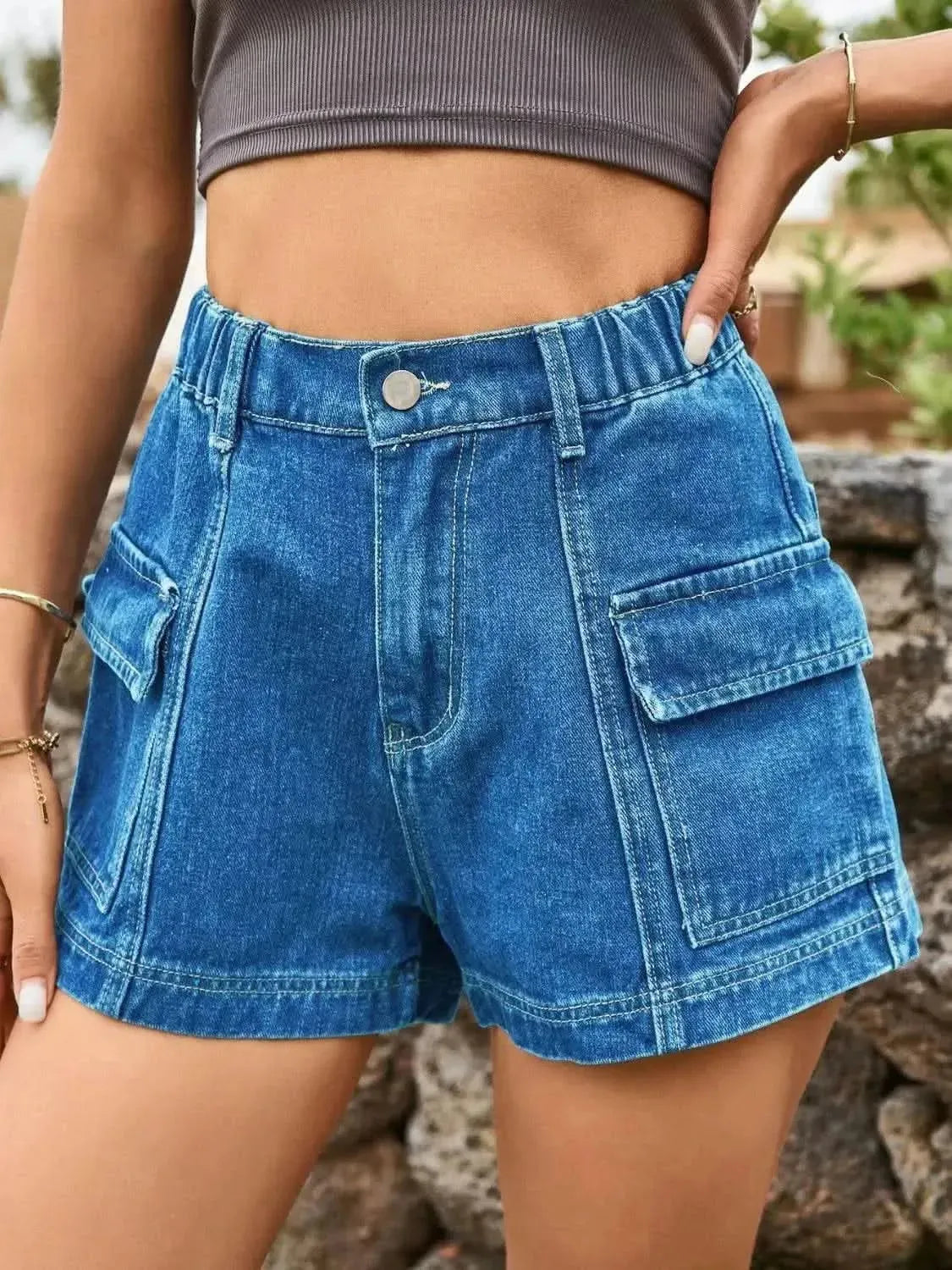 High Waist Denim Shorts with Pockets - Bad Moms Club