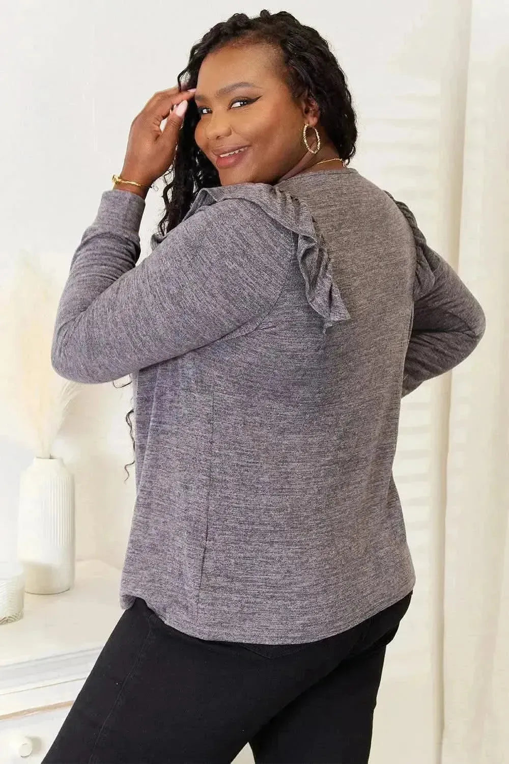 Double Take Square Neck Ruffle Shoulder Long Sleeve T-Shirt - Bad Moms Club