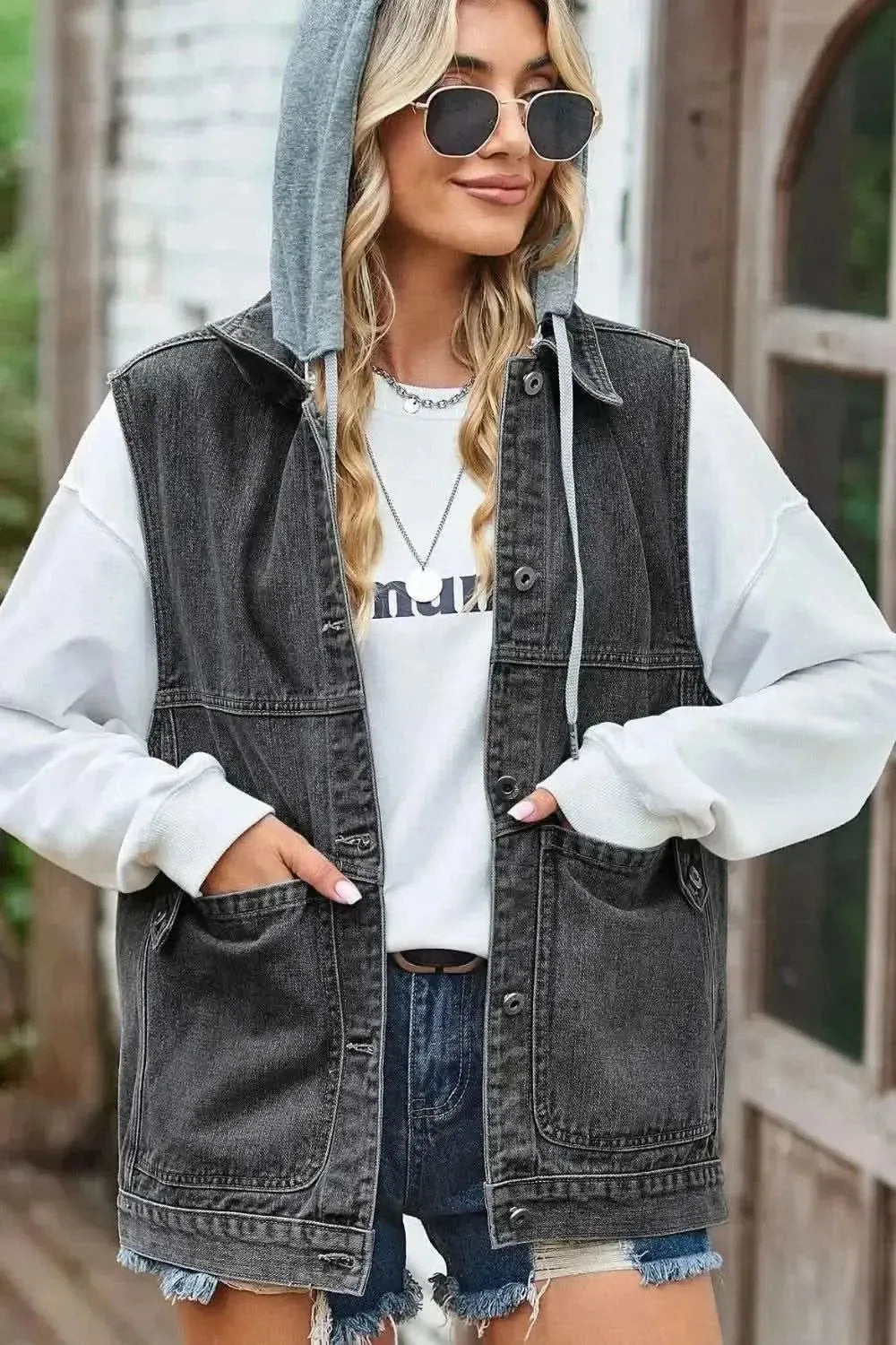 Sleeveless Denim Top with A Detachable Hood - Bad Moms Club