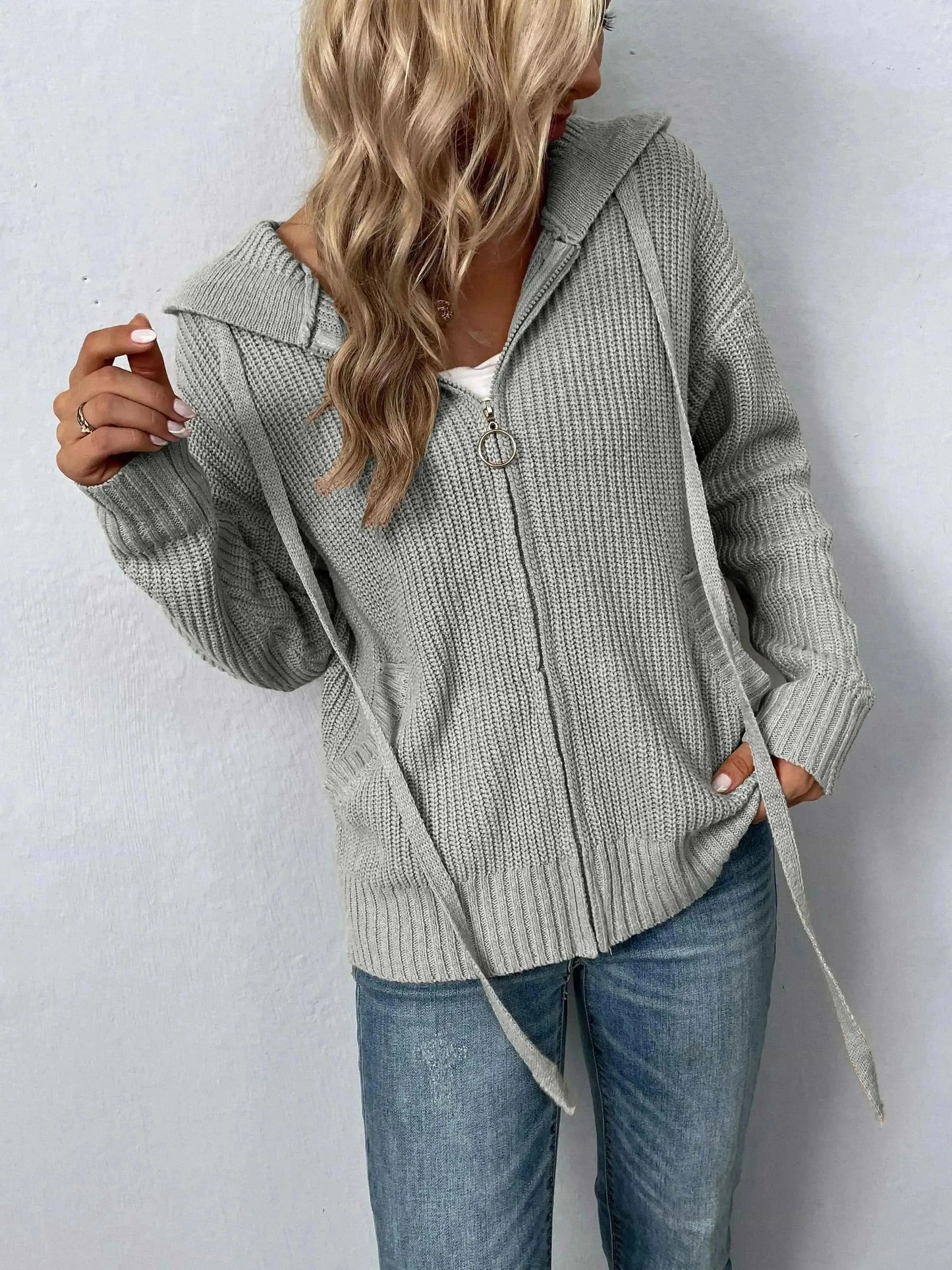 Zip-Up Drawstring Detail Hooded Cardigan - Bad Moms Club