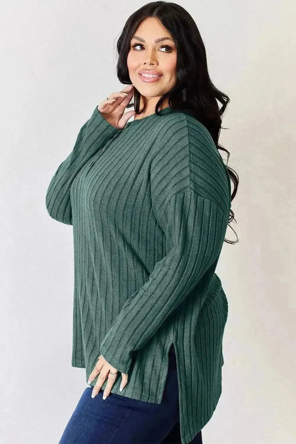 Basic Bae Full Size Ribbed Half Button Long Sleeve High-Low T-Shirt - Bad Moms Club