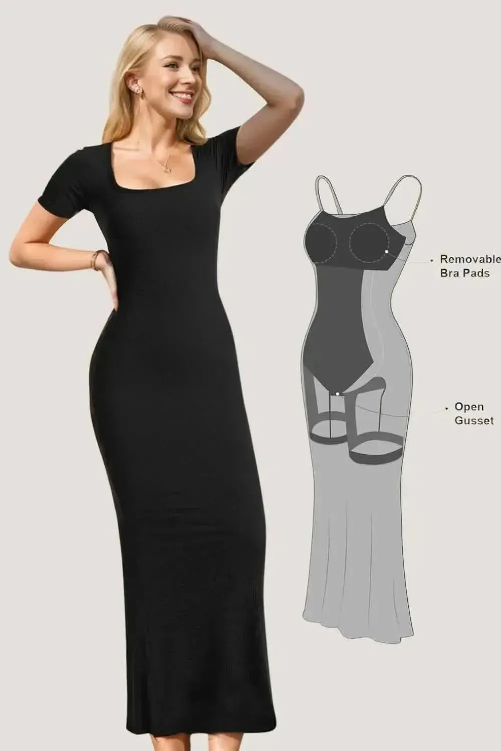 Basic Bae Built-In Shapewear Square Neck Short Sleeve Maxi Dress - Bad Moms Club