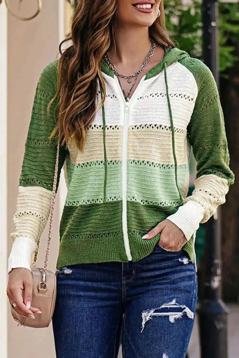 Zip-Up Raglan Sleeve Openwork Hooded Cardigan - Bad Moms Club