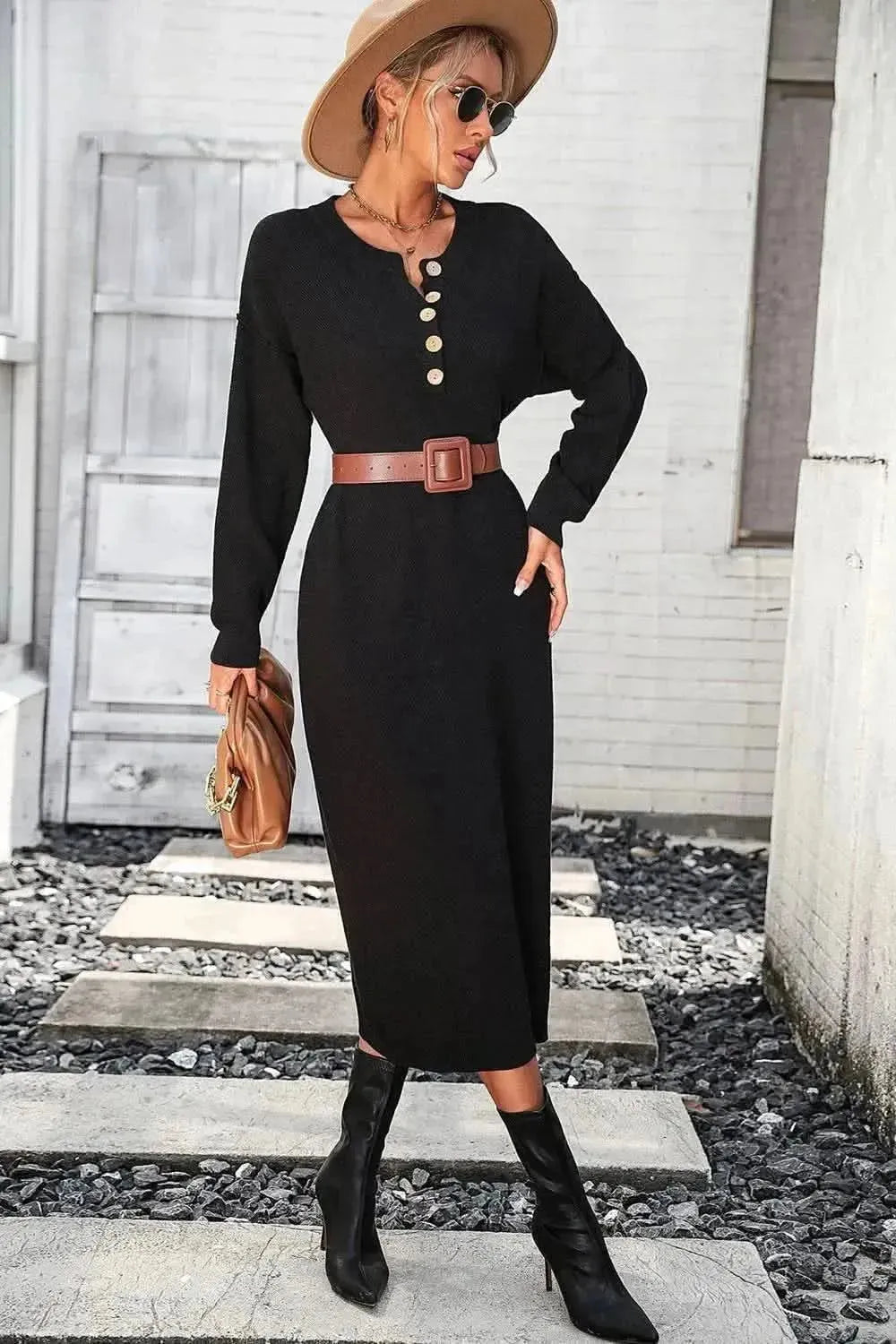 Decorative Button Notched Dropped Shoulder Sweater Dress - Bad Moms Club