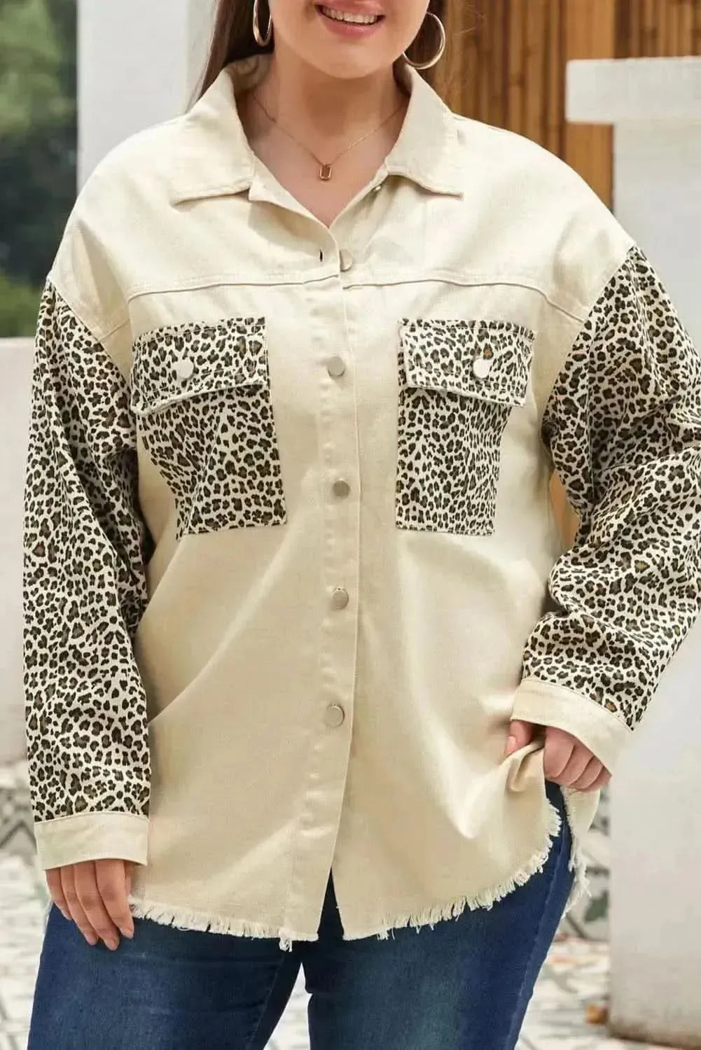 Plus Size Leopard Button Up Raw Hem Denim Jacket - Bad Moms Club