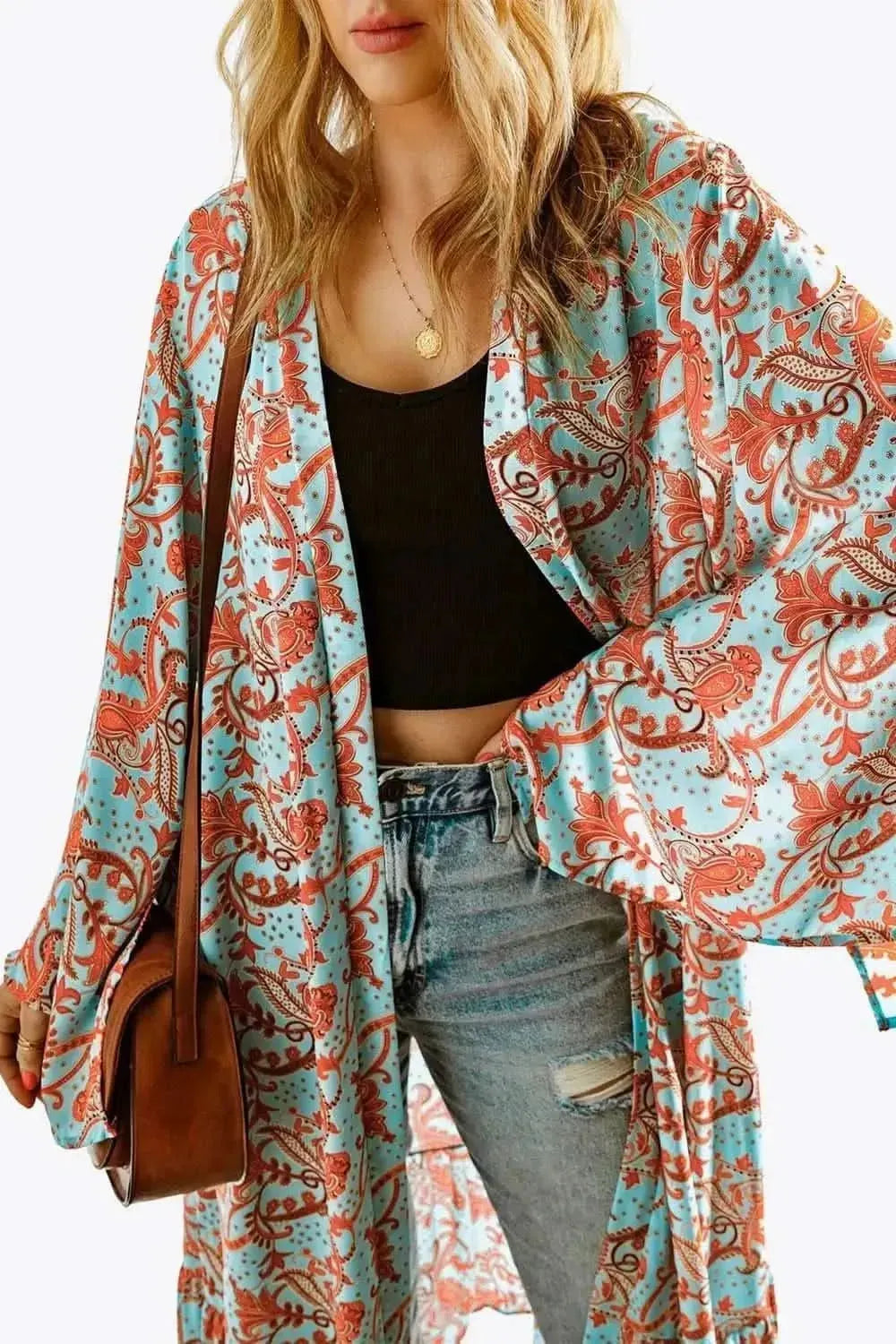 Printed Open Front Duster Cardigan - Bad Moms Club