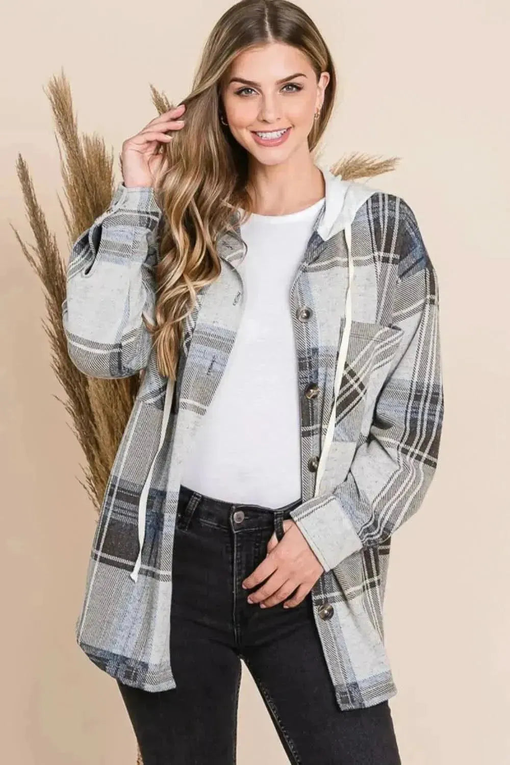 Reborn J Plaid Button Up Drawstring Hooded Jacket - Bad Moms Club