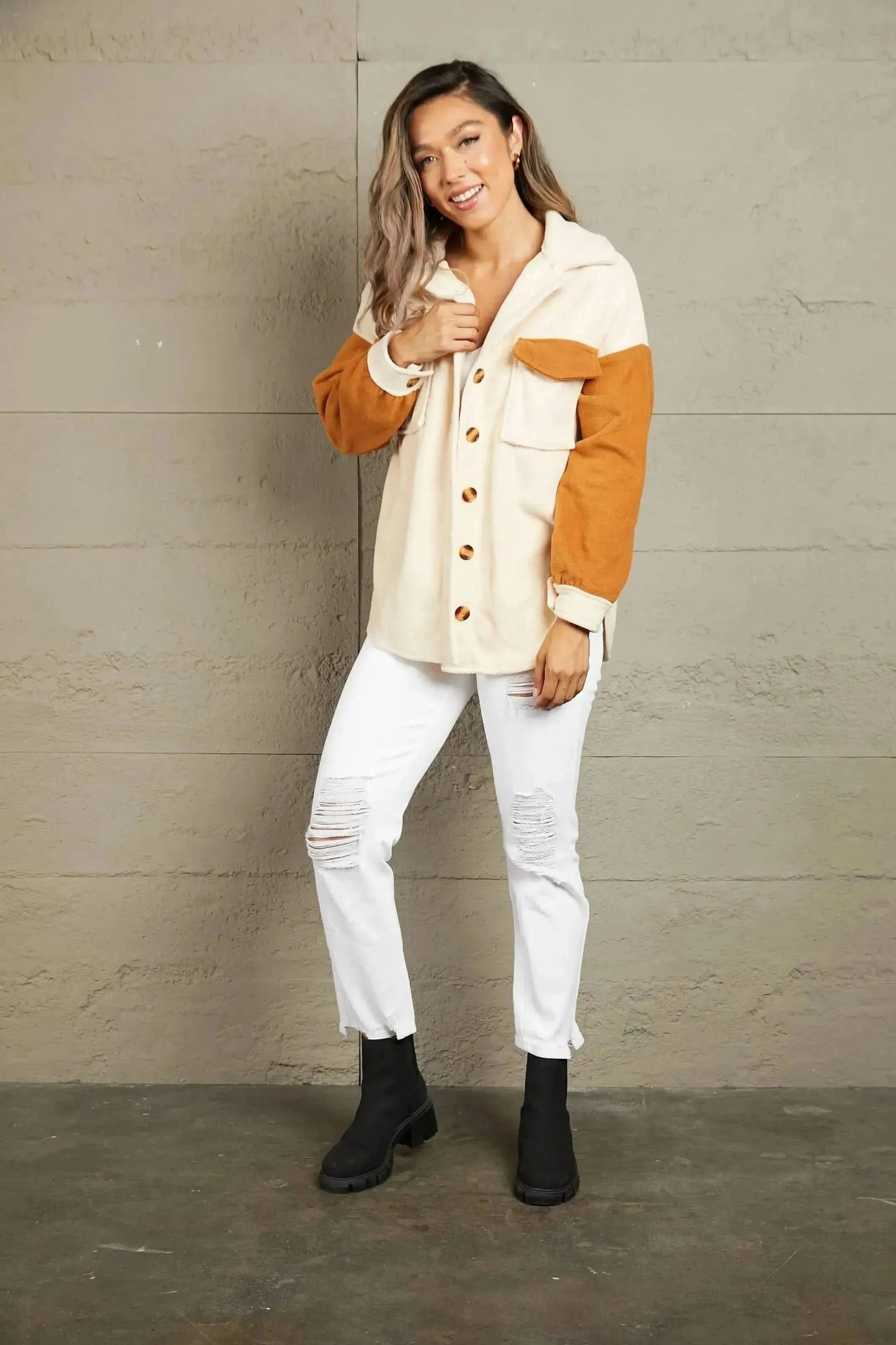 Contrast Button-Up Fleece Jacket - Bad Moms Club