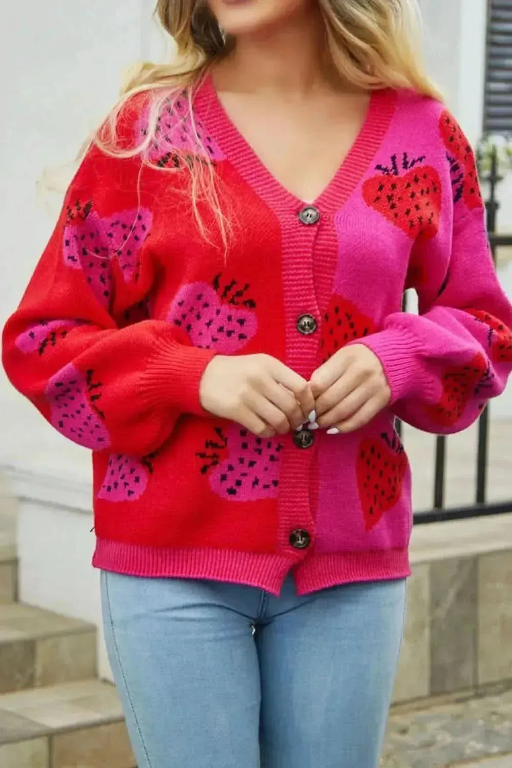 Printed V-Neck Button-Down Long Sleeve Cardigan - Bad Moms Club