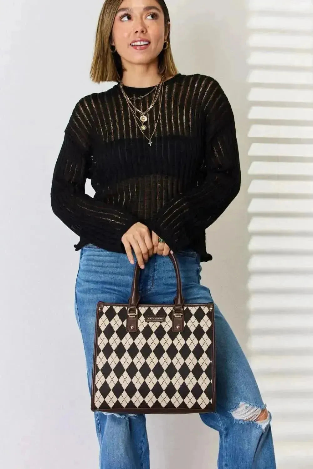 David Jones Argyle Pattern PU Leather Handbag - Bad Moms Club