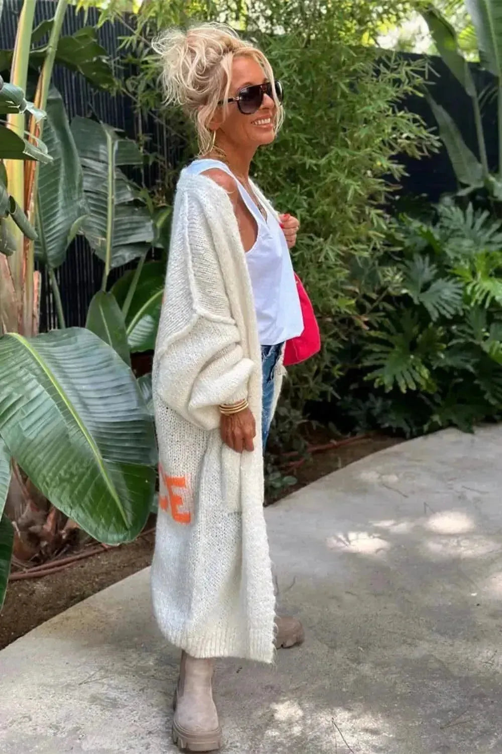 Letter Dropped Shoulder Long Sleeve Cardigan - Bad Moms Club