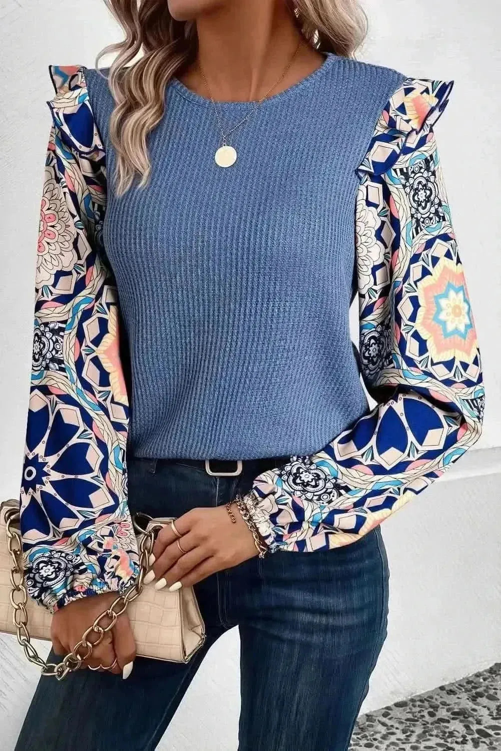 Ruffled Printed Round Neck Long Sleeve Top - Bad Moms Club