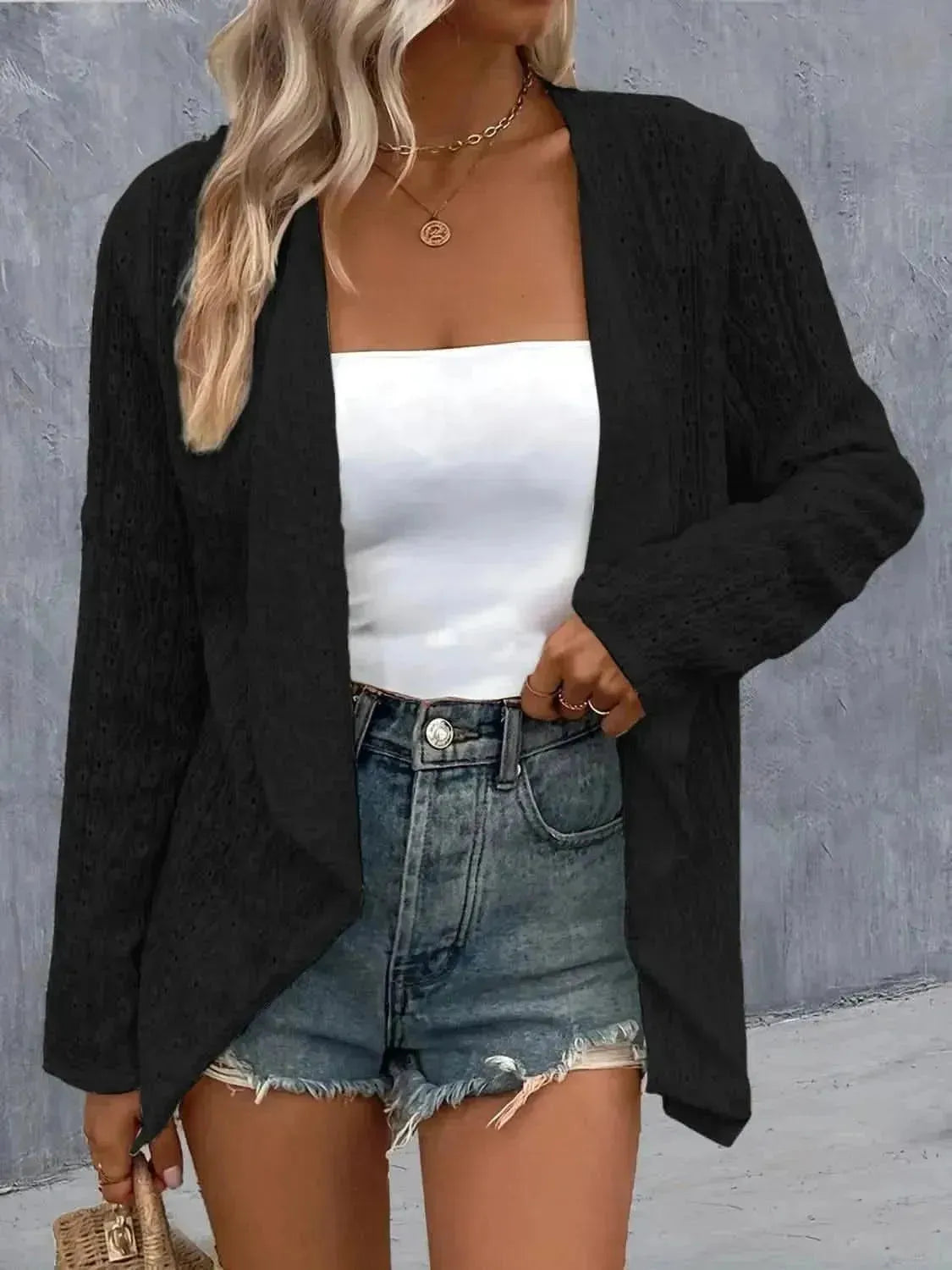 Eyelet Roll-Tab Sleeve Cardigan - Bad Moms Club