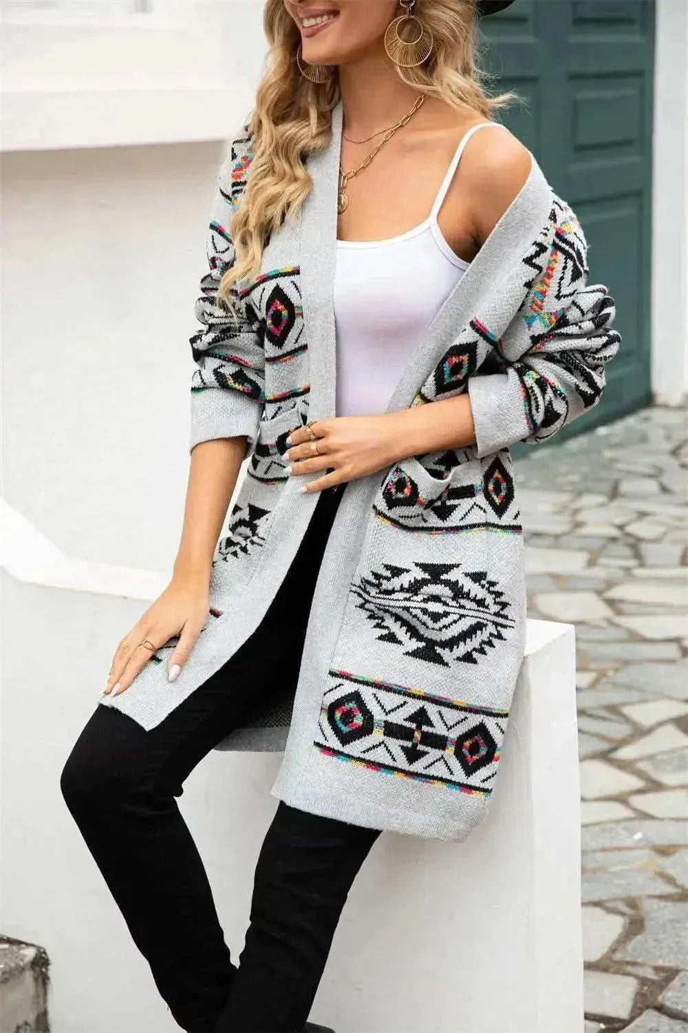 Pocketed Geometric Open Front Dropped Shoulder Cardigan - Bad Moms Club