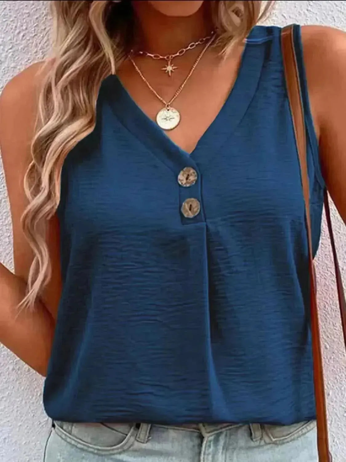Full Size Decorative Button V-Neck Tank - Bad Moms Club