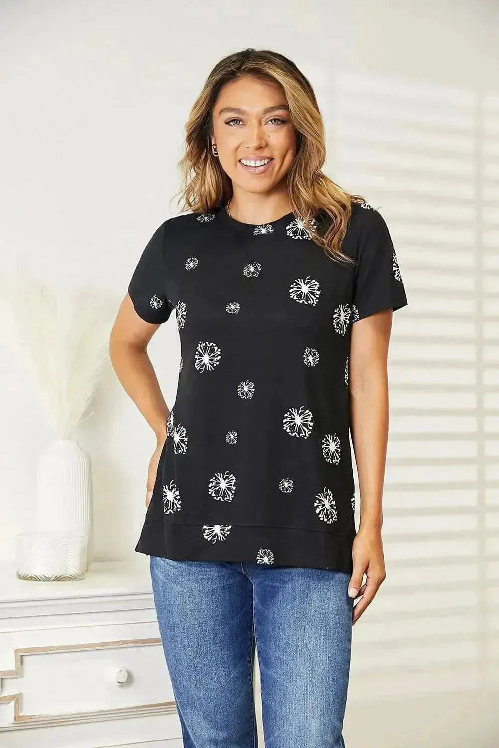Double Take Dandelion Print Round Neck T-Shirt - Bad Moms Club