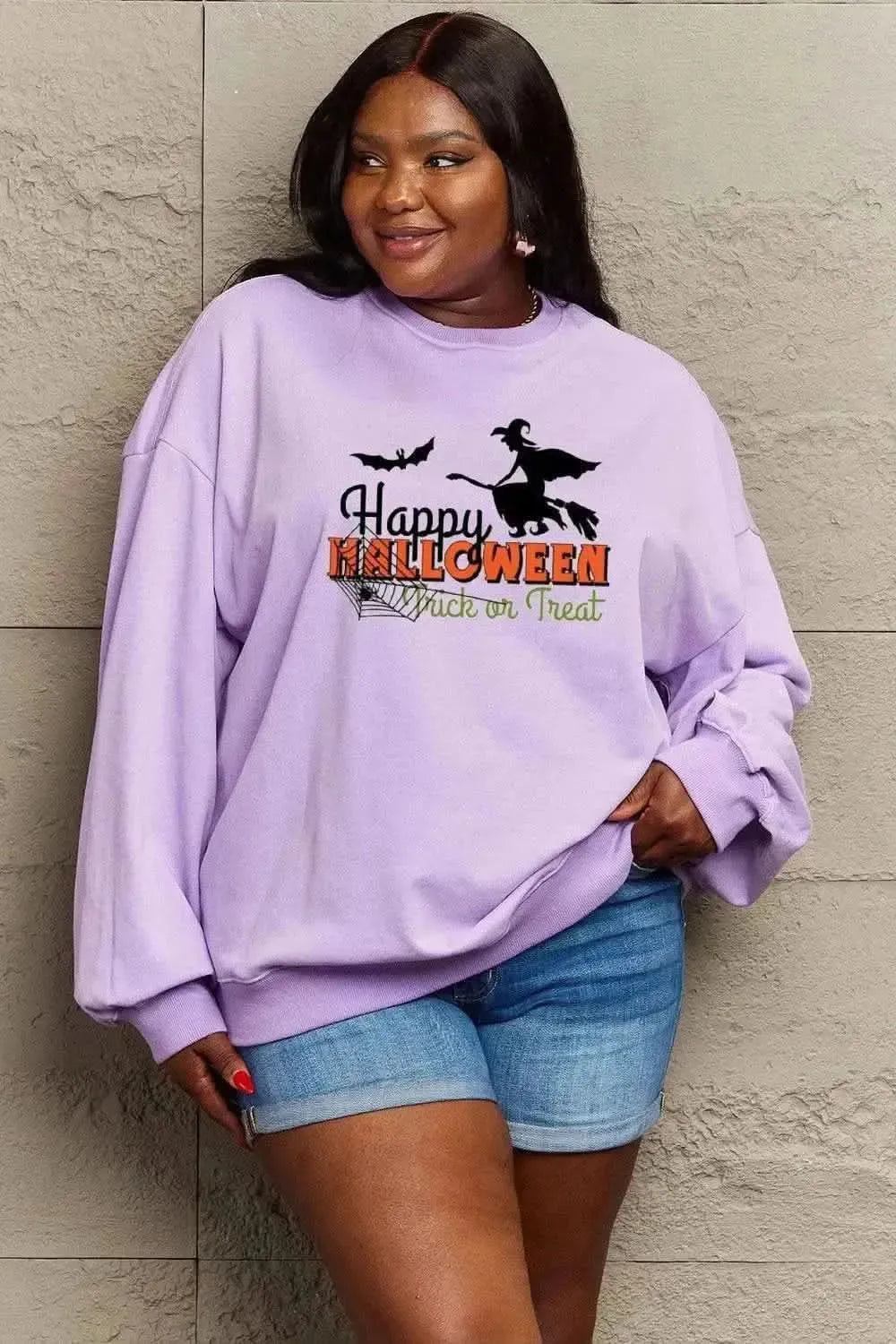 Simply Love Full Size HAPPY HALLOWEEN TRICK OR TREAT Graphic Sweatshirt - Bad Moms Club