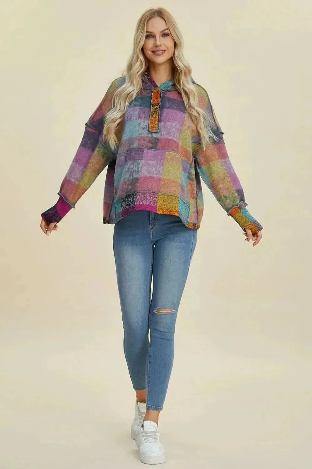 Double Take Full Size Plaid Dropped Shoulder Fleece Hoodie - Bad Moms Club
