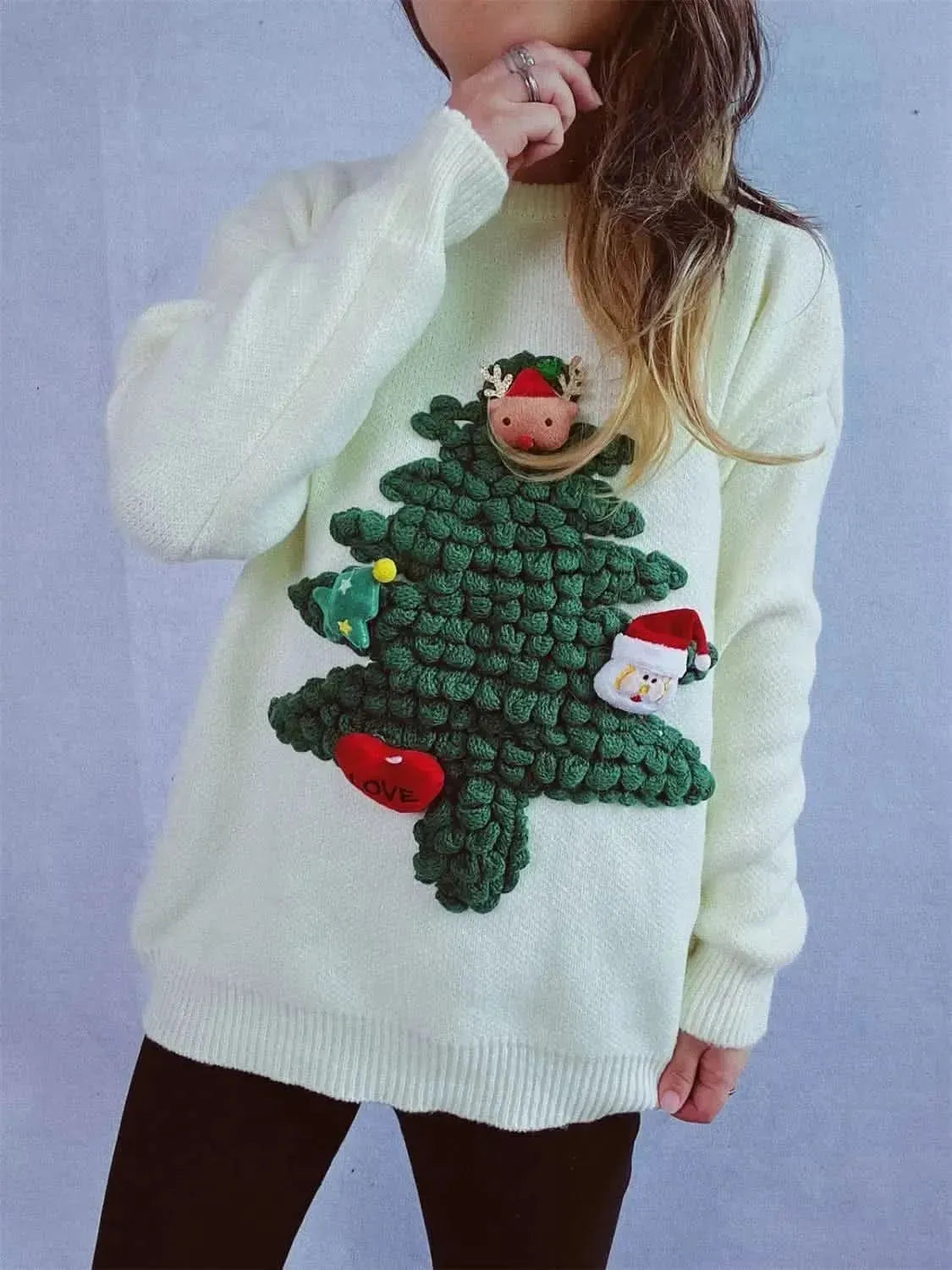 Christmas Tree Round Neck Long Sleeve Sweater - Bad Moms Club