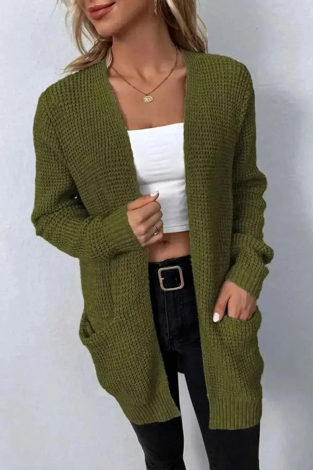 Rib-Knit Open Front Pocketed Cardigan - Bad Moms Club