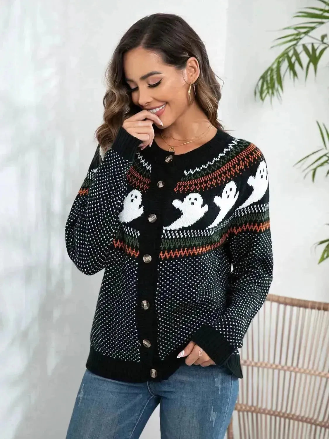 Ghost Button Up Long Sleeve Cardigan - Bad Moms Club