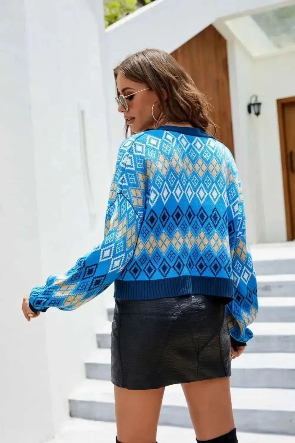 Argyle Button-Up Drop Shoulder Cardigan - Bad Moms Club