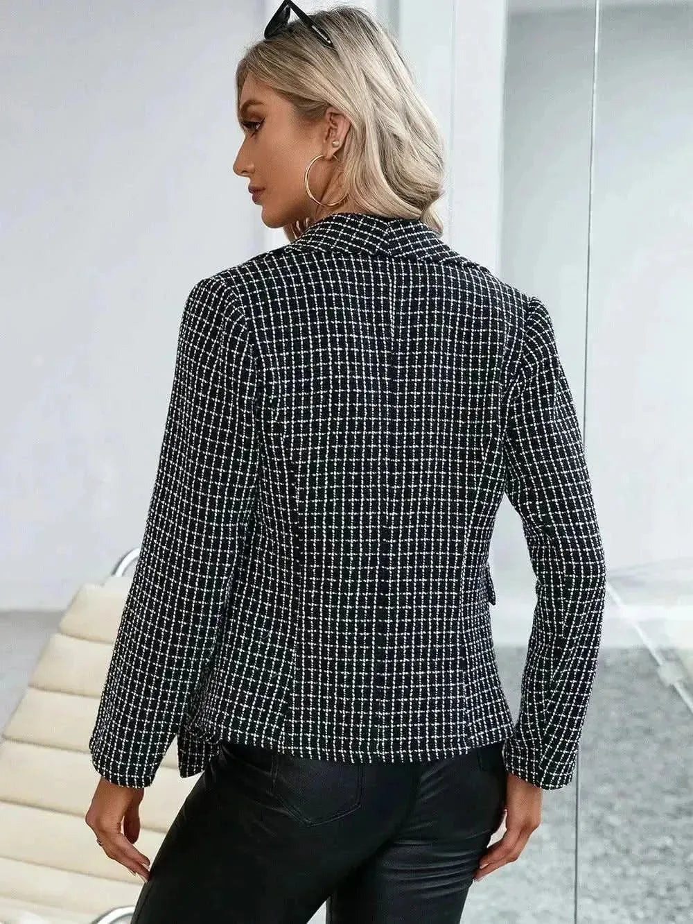 Plaid Double Breasted Long Sleeve Jacket - Bad Moms Club