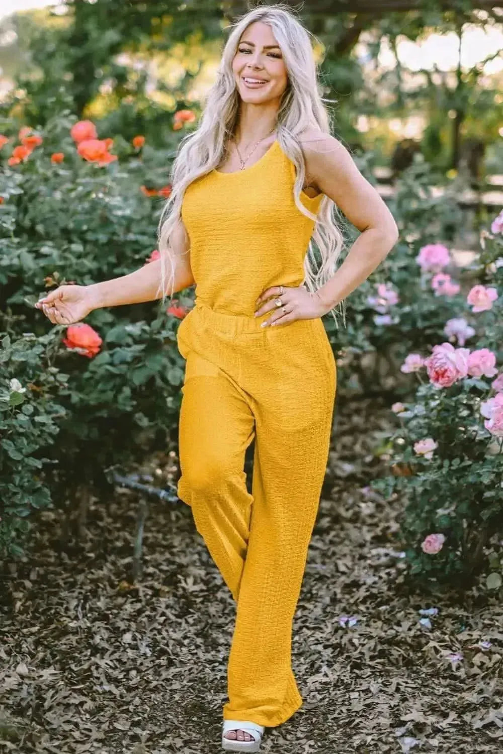 Textured Round Neck Top and Wide Leg Pants Set - Bad Moms Club
