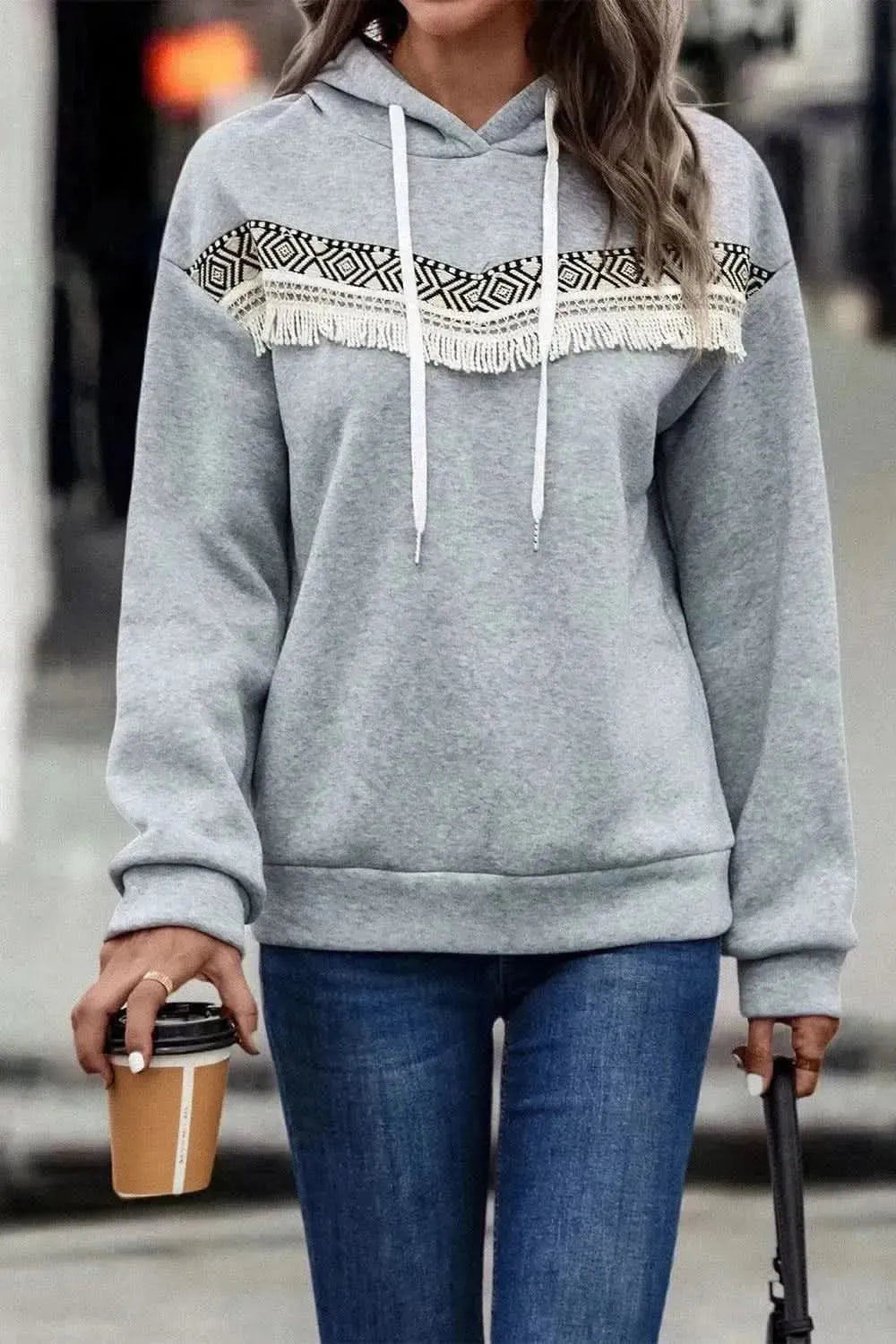 Contrast Fringe Detail Dropped Shoulder Hoodie - Bad Moms Club
