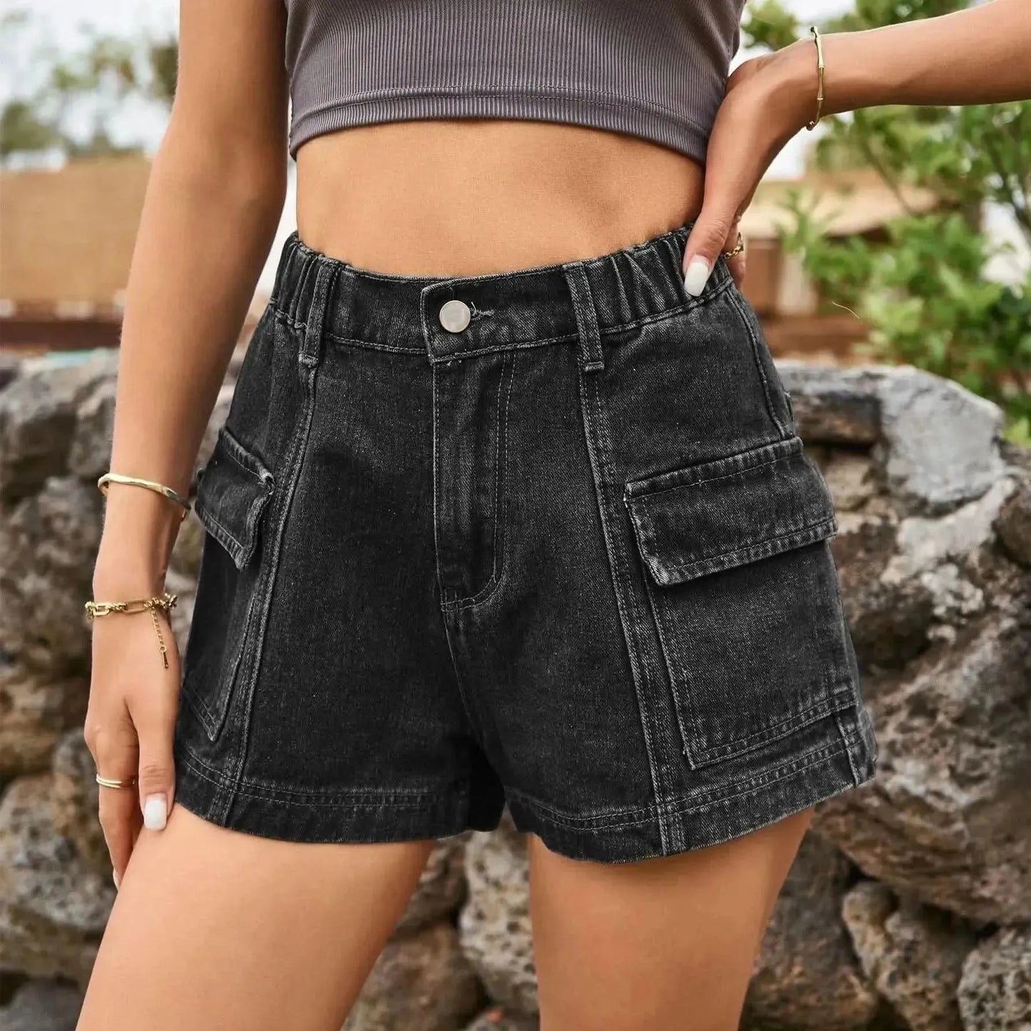 High-Waist Denim Shorts with Pockets - Bad Moms Club