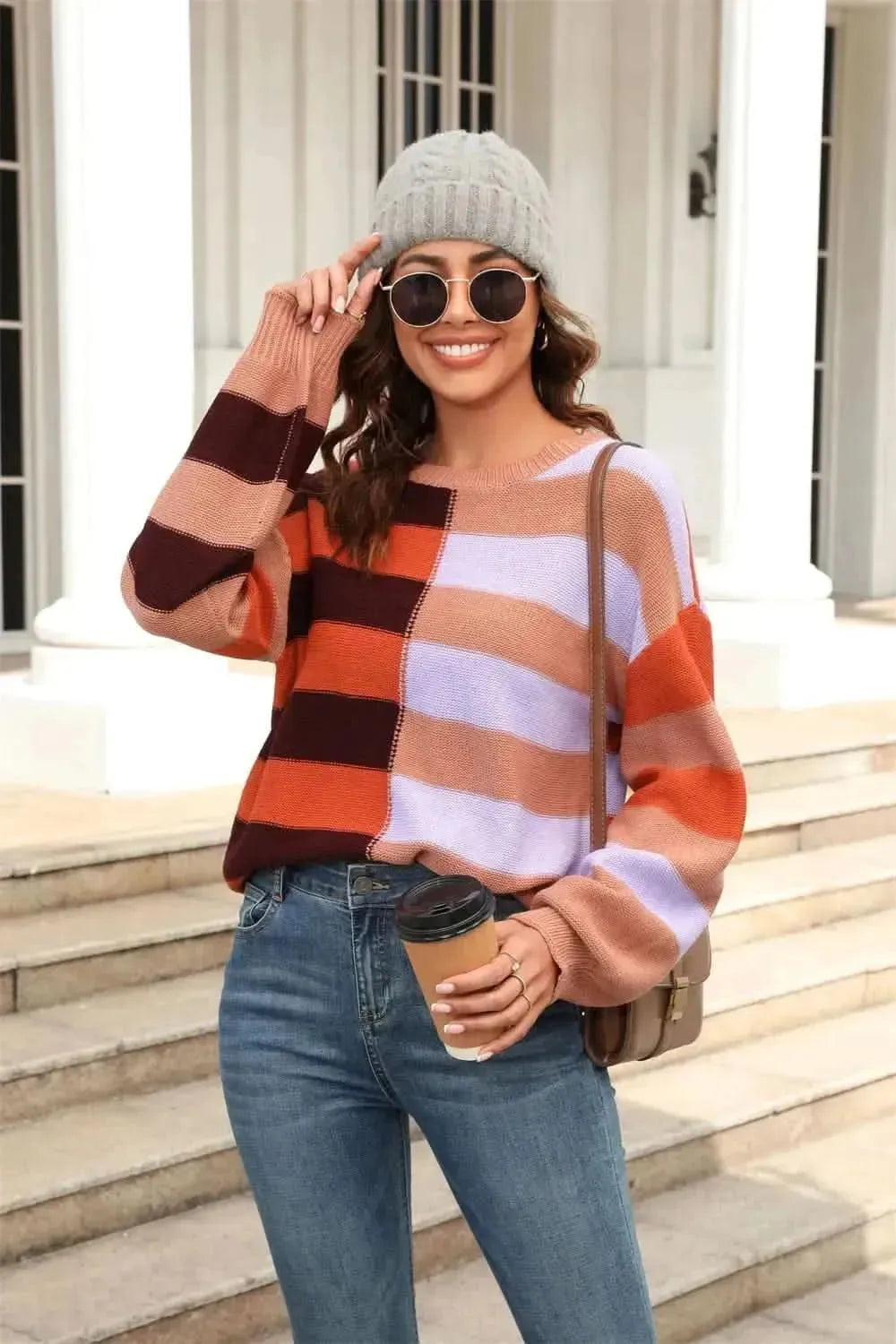Angel Wings Round Neck Long Sleeve Color Block Dropped Shoulder Pullover Sweater - Bad Moms Club