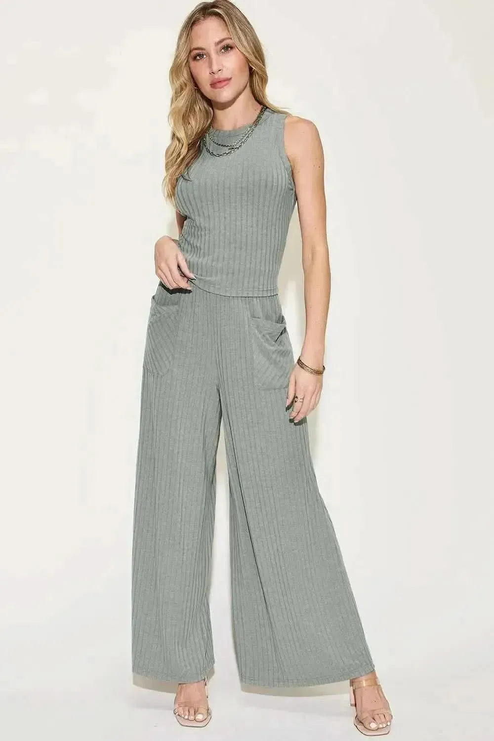 Basic Bae Full Size Ribbed Tank and Wide Leg Pants Set - Bad Moms Club