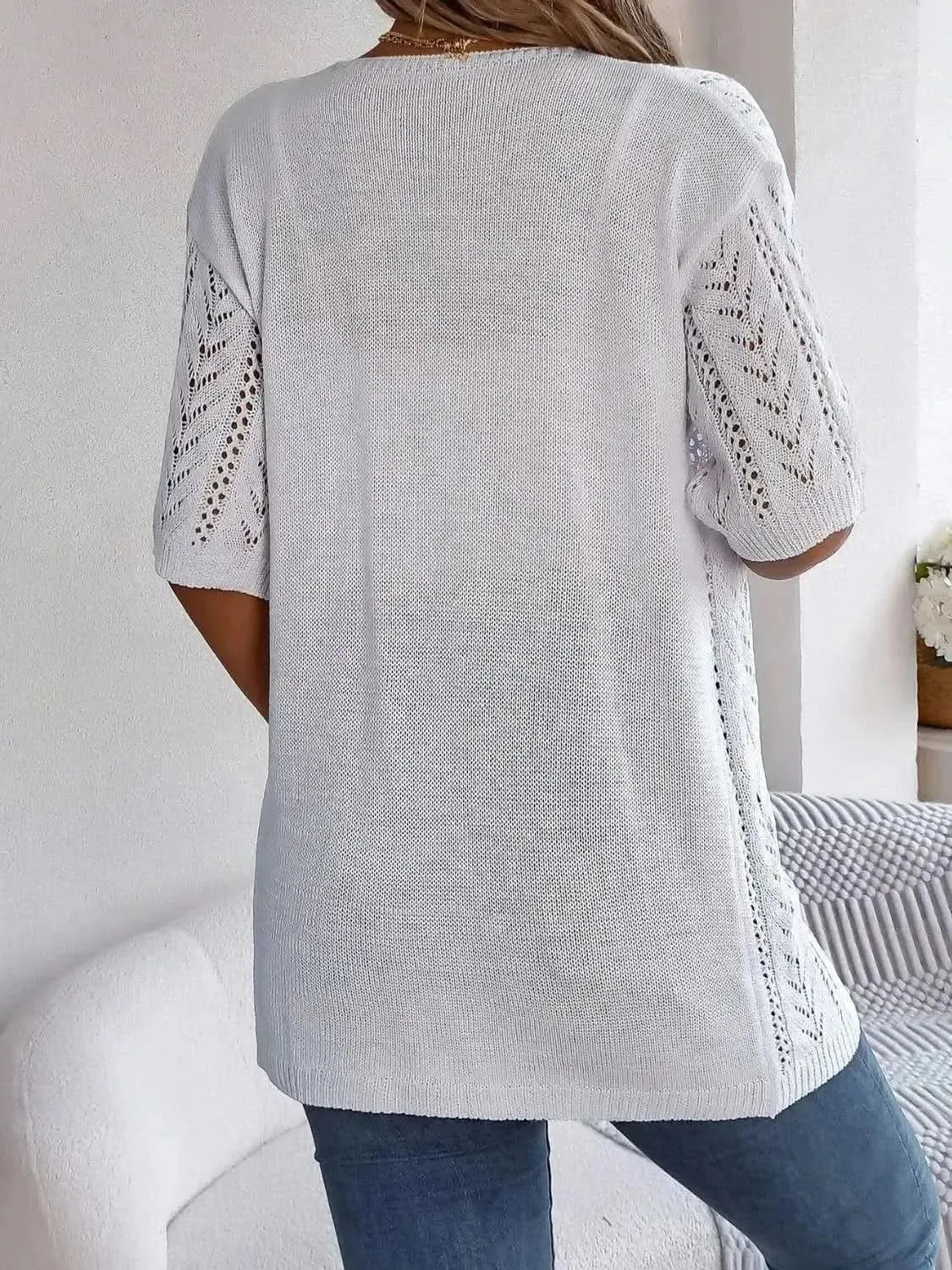 Openwork Open Front Half Sleeve Cardigan - Bad Moms Club