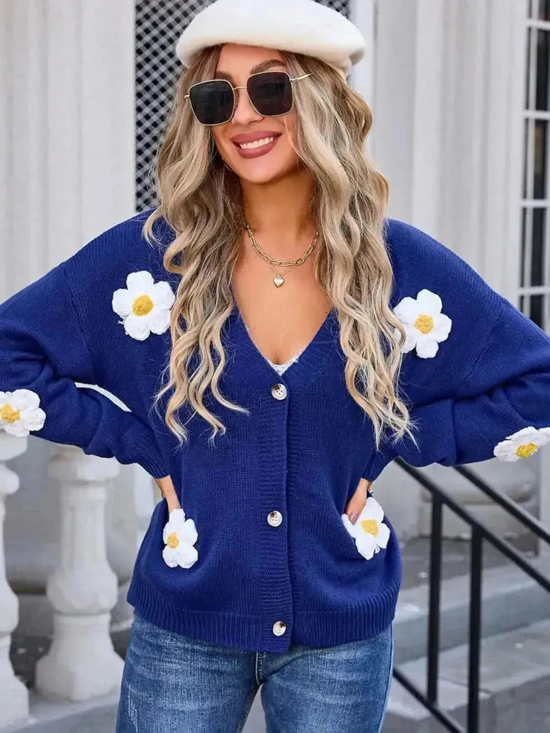 Crochet Flower Button Up Cardigan - Bad Moms Club