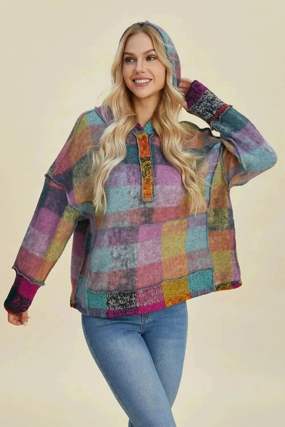 Double Take Full Size Plaid Dropped Shoulder Fleece Hoodie - Bad Moms Club