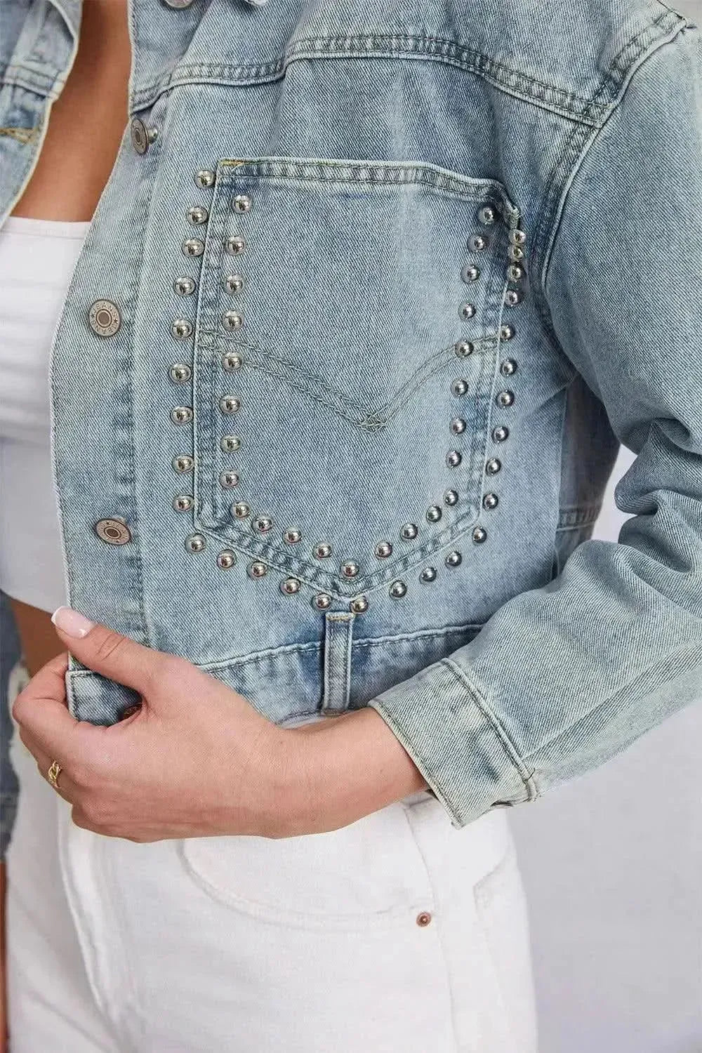 Studded Dropped Shoulder Denim Jacket - Bad Moms Club