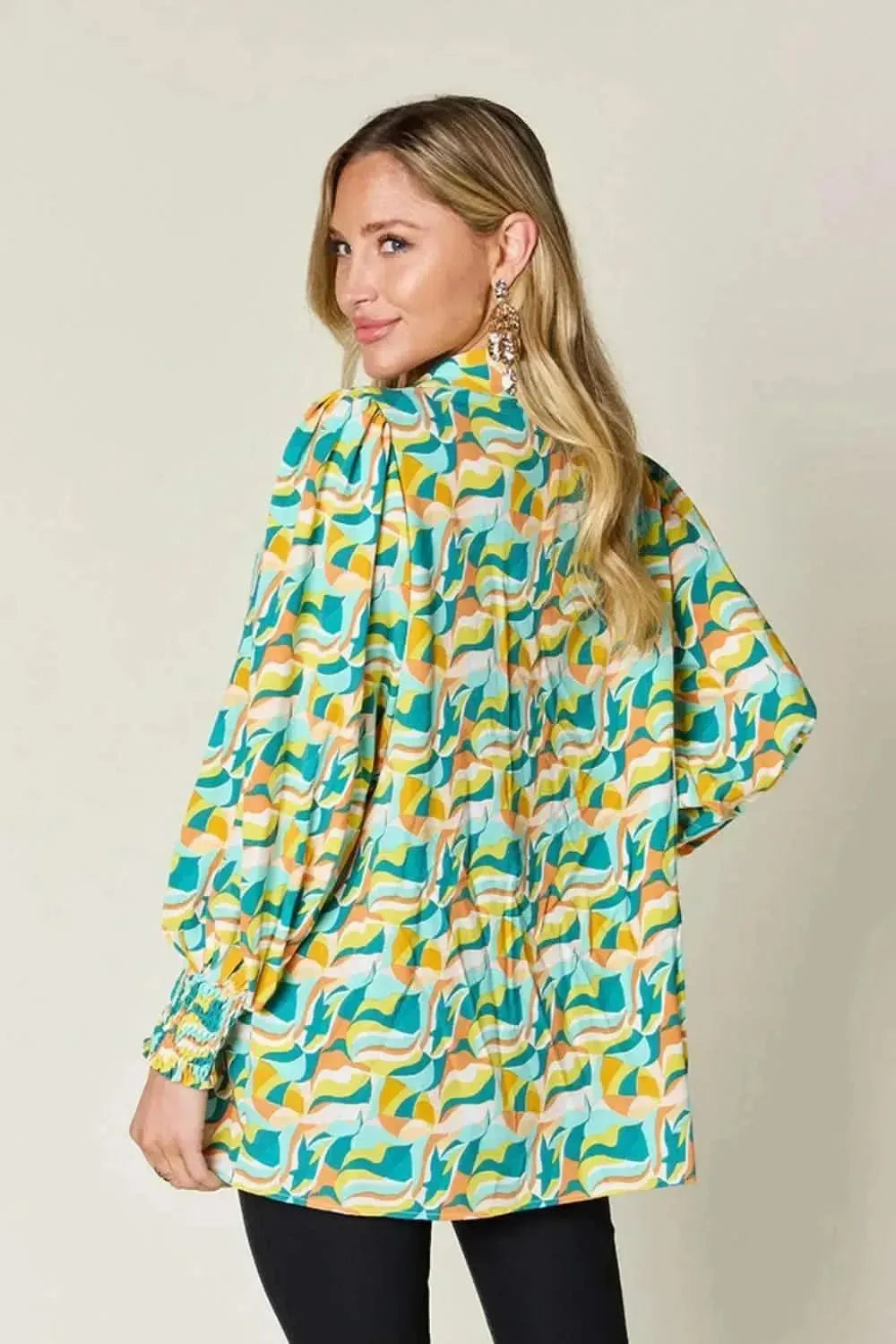 Double Take Full Size Printed Smocked Long Sleeve Blouse - Bad Moms Club