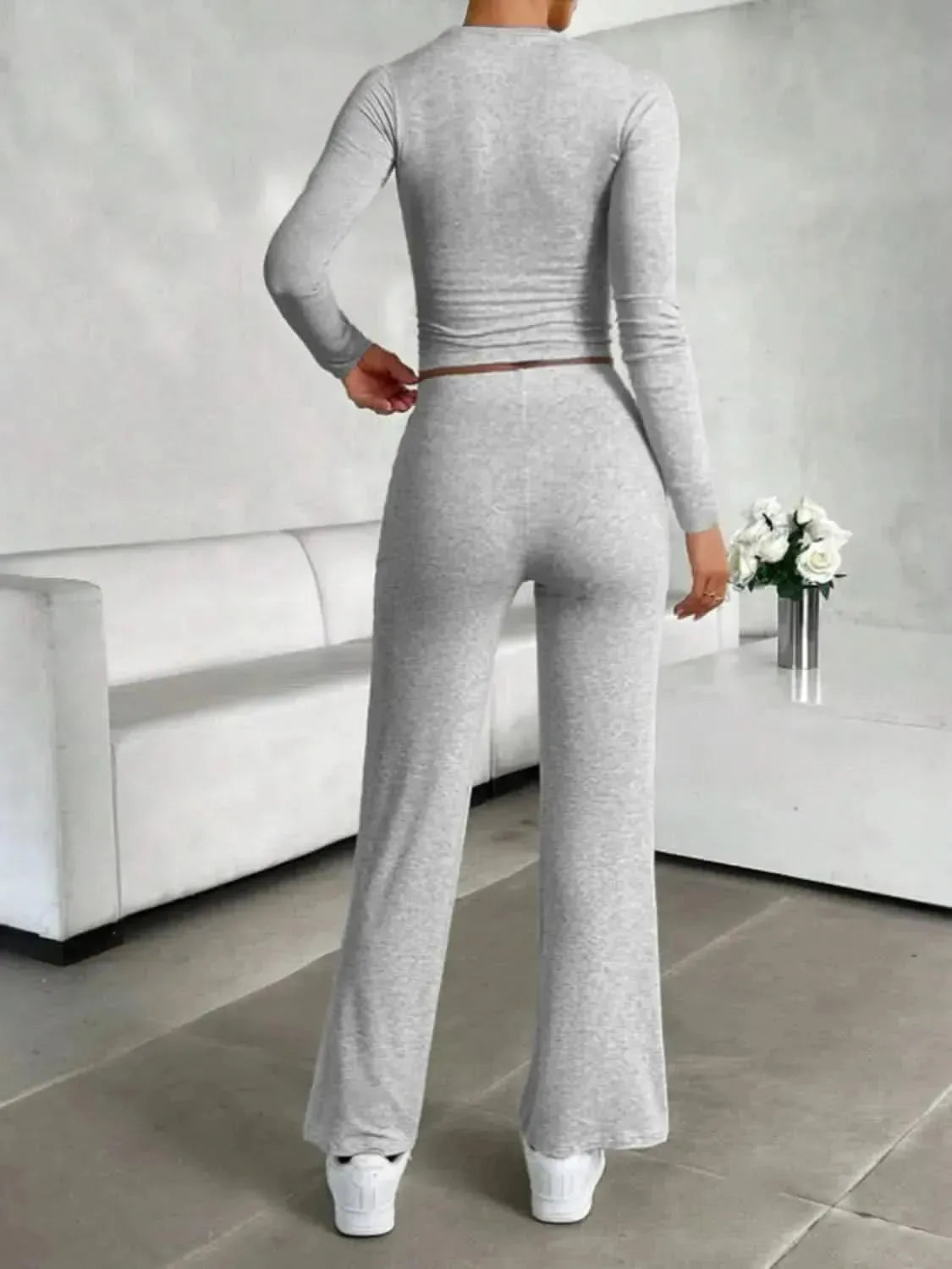 Round Neck Long Sleeve Top and Drawstring Pants Set - Bad Moms Club