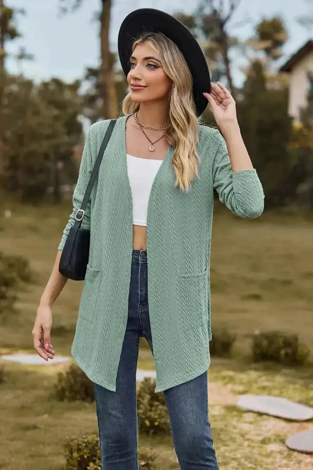 Cable-Knit Long Sleeve Cardigan with Pocket - Bad Moms Club