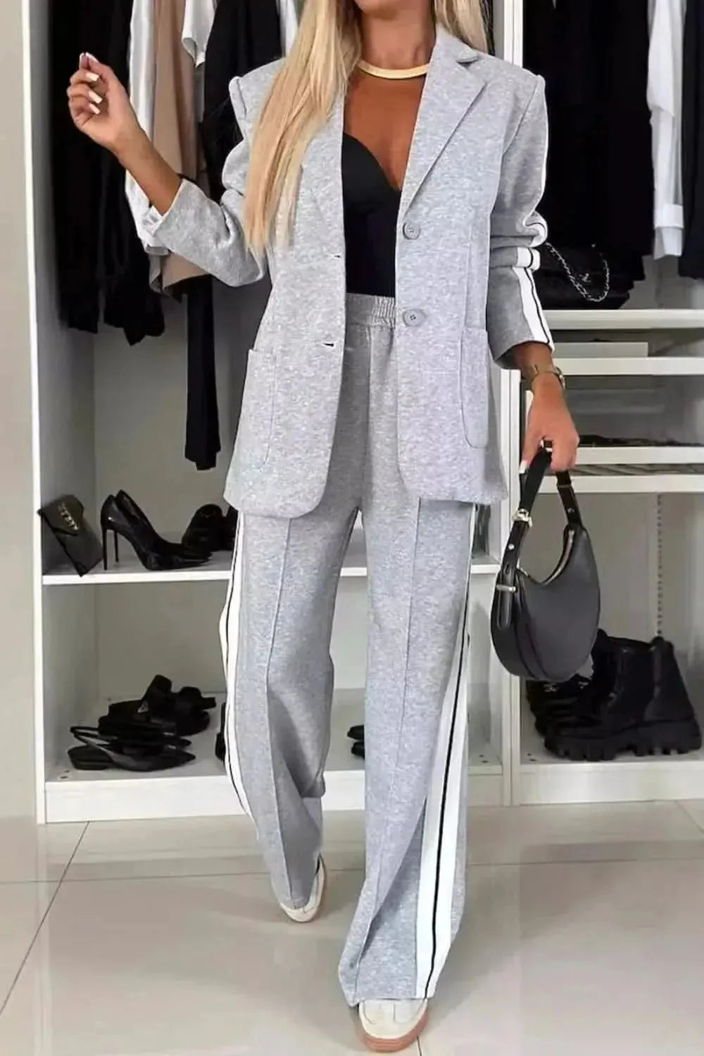 Full Size Contrast Lapel Collar Top and Pants Set - Bad Moms Club