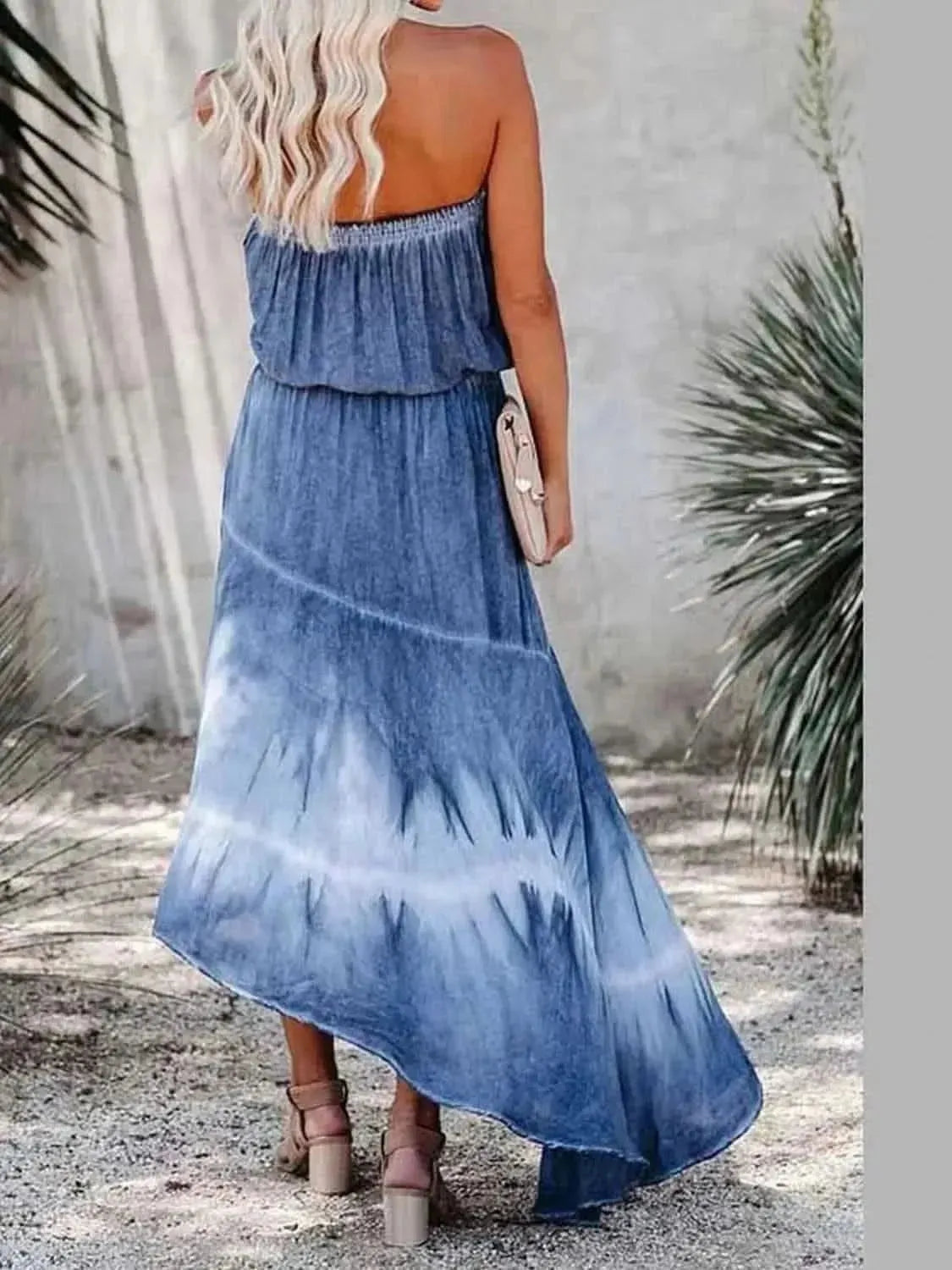 MeiMei Smocked High-Low Tube Denim Dress - Bad Moms Club