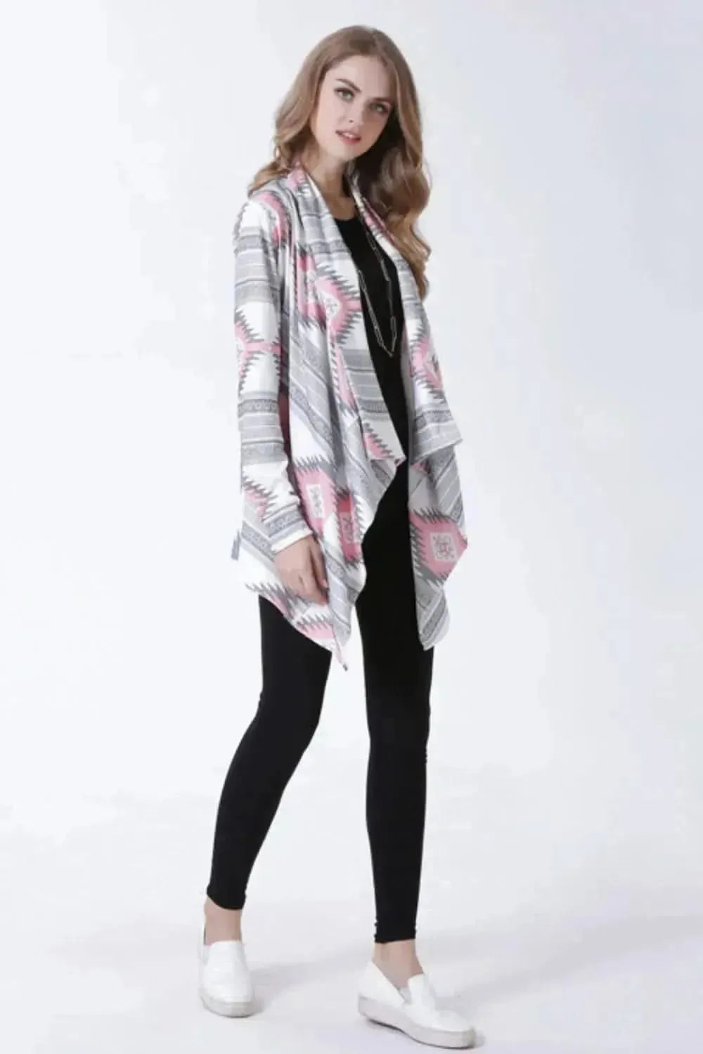 Geometric Open Front Handkerchief Hem Cardigan - Bad Moms Club