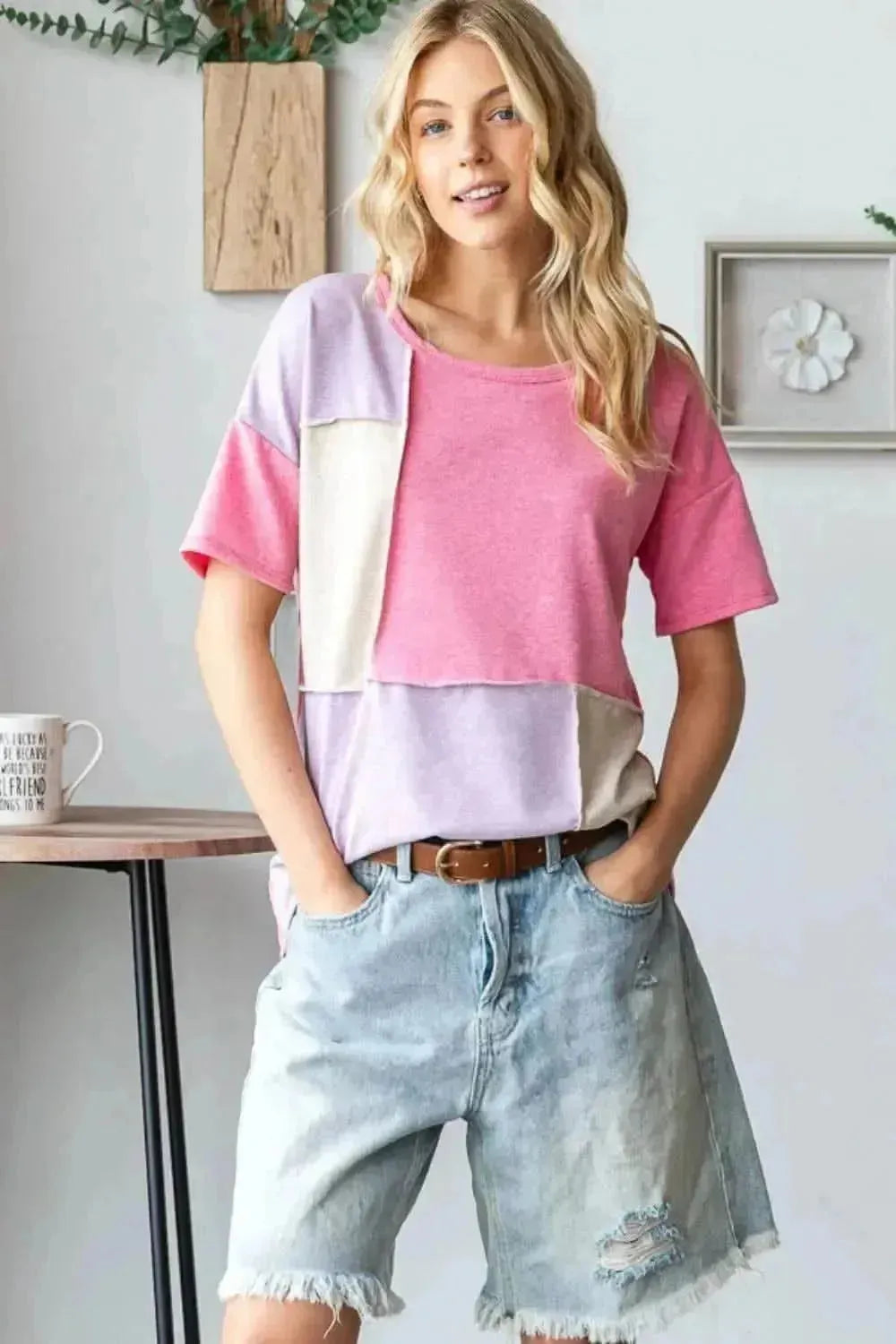 HOPELY Full Size Color Block Exposed Seam T-Shirt - Bad Moms Club